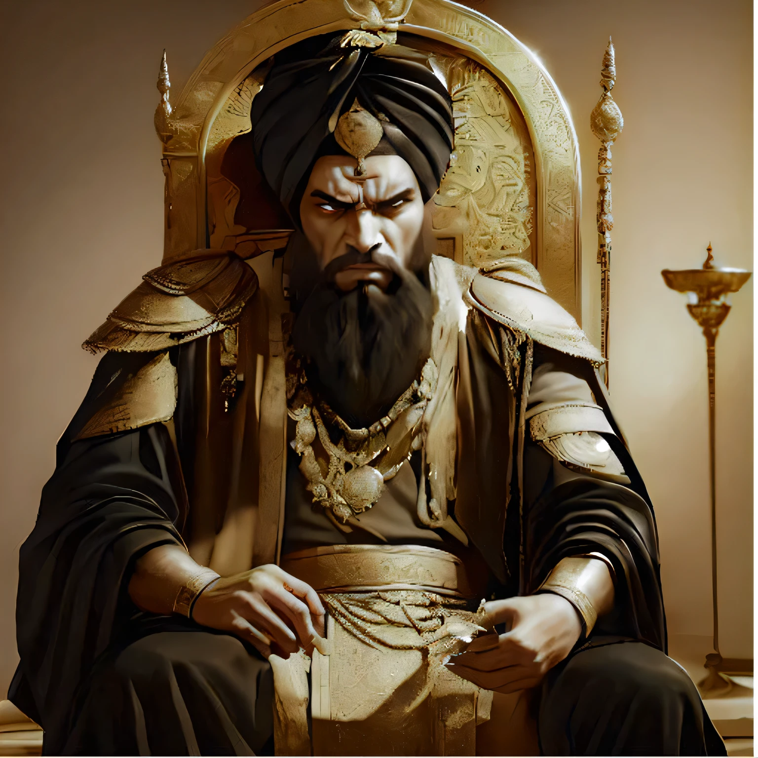 painting style, a Persian king sitting on his throne wearing a turban and looking angry and cursing his teeth out of anger and looking frustrated. he is holding a letter his hand and tearing it away