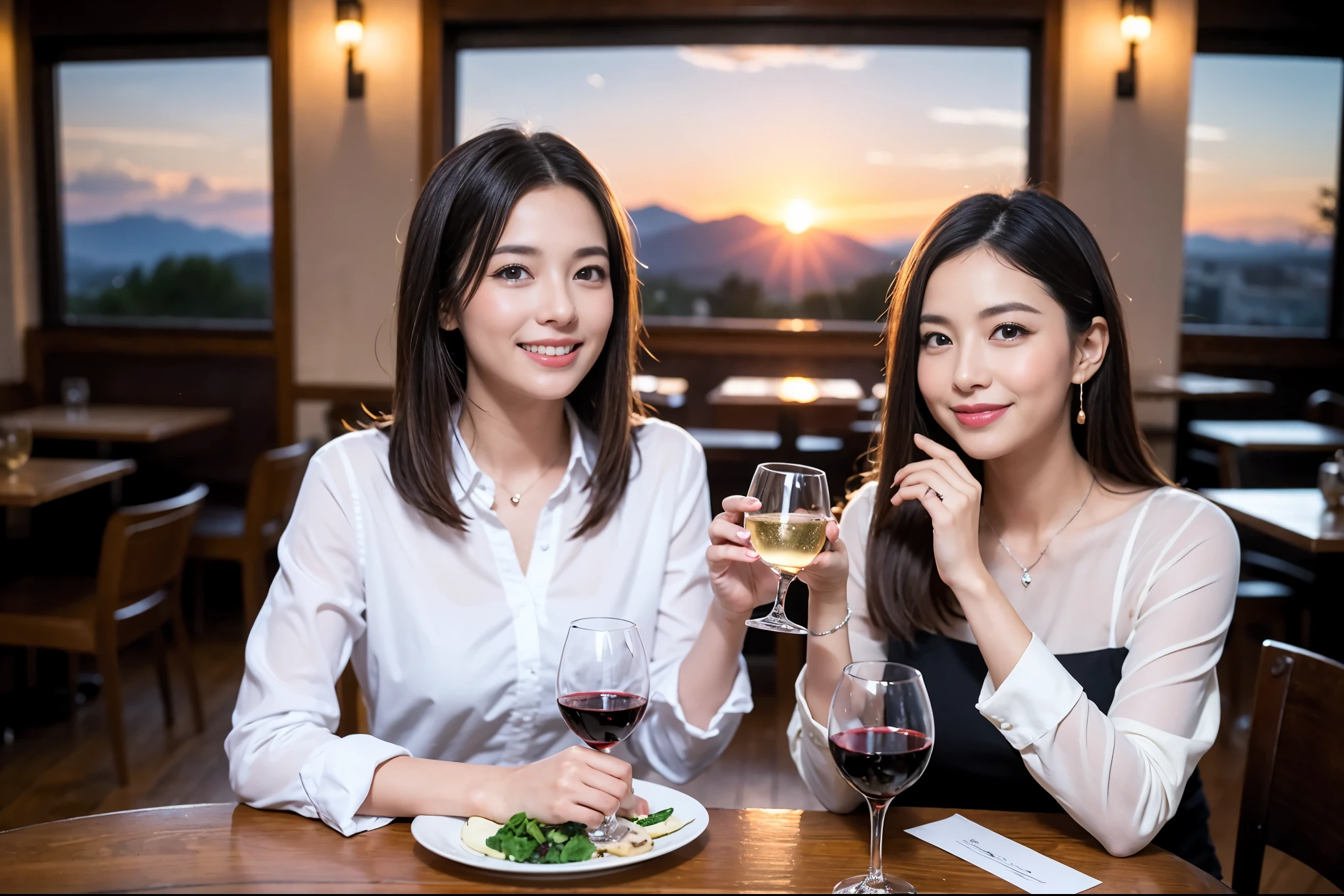 ((highest quality、8k、masterpiece:1.3))、1 male 1 female、spouse、Beautiful couple、smile、 (Slim face), (the body is スリム), (Brown Hair), (Shortcuts), ((Bob Hale、Straight hair:1.2)), Wine glass on the table、Please shine a light on my face、 Amazing view of the sunset sky and clouds、Amazing mountain views、The beauty of a smile、Bright image、Blushing, Shortcuts,Bright Face、 (42 years old), 39 years old, red wine 、Appetizers、Italian food、Wine bottle、Champagne、sparkling wine、Long sleeve shirt、dress、Attractive beauty、restaurant, Nova Frog Style, actress, model, Upper Body, White wine, red wine, wine glass,