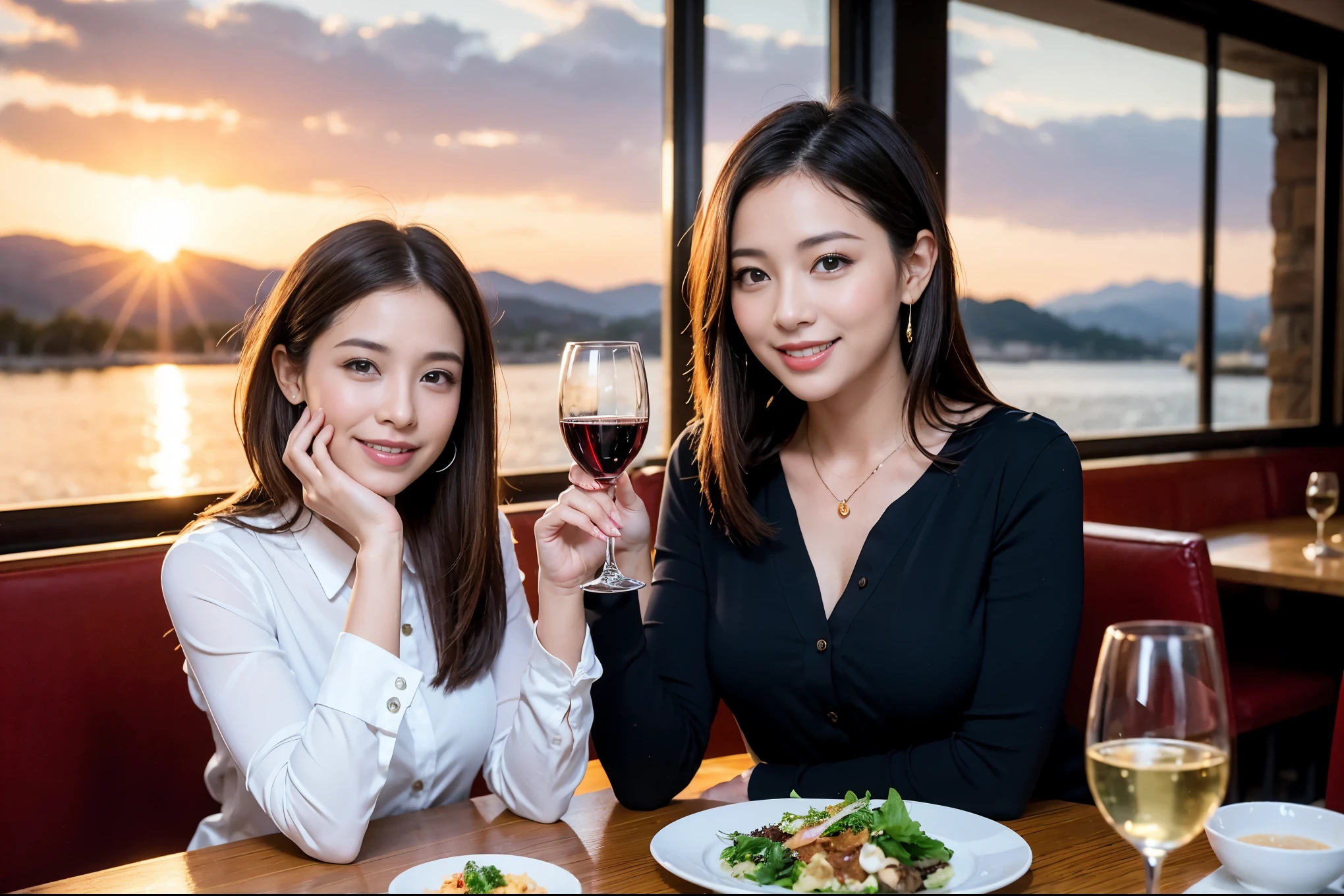 ((highest quality、8k、masterpiece:1.3))、1 male 1 female、spouse、Beautiful couple、smile、 (Slim face), (the body is スリム), (Brown Hair), (Shortcuts), ((Bob Hale、Straight hair:1.2)), Wine glass on the table、Please shine a light on my face、 Amazing view of the sunset sky and clouds、Amazing mountain views、The beauty of a smile、Bright image、Blushing, Shortcuts,Bright Face、 (42 years old), 39 years old, red wine 、Appetizers、Italian food、Wine bottle、Champagne、sparkling wine、Long sleeve shirt、dress、Attractive beauty、restaurant, Nova Frog Style, actress, model, Upper Body, White wine, red wine, wine glass, 