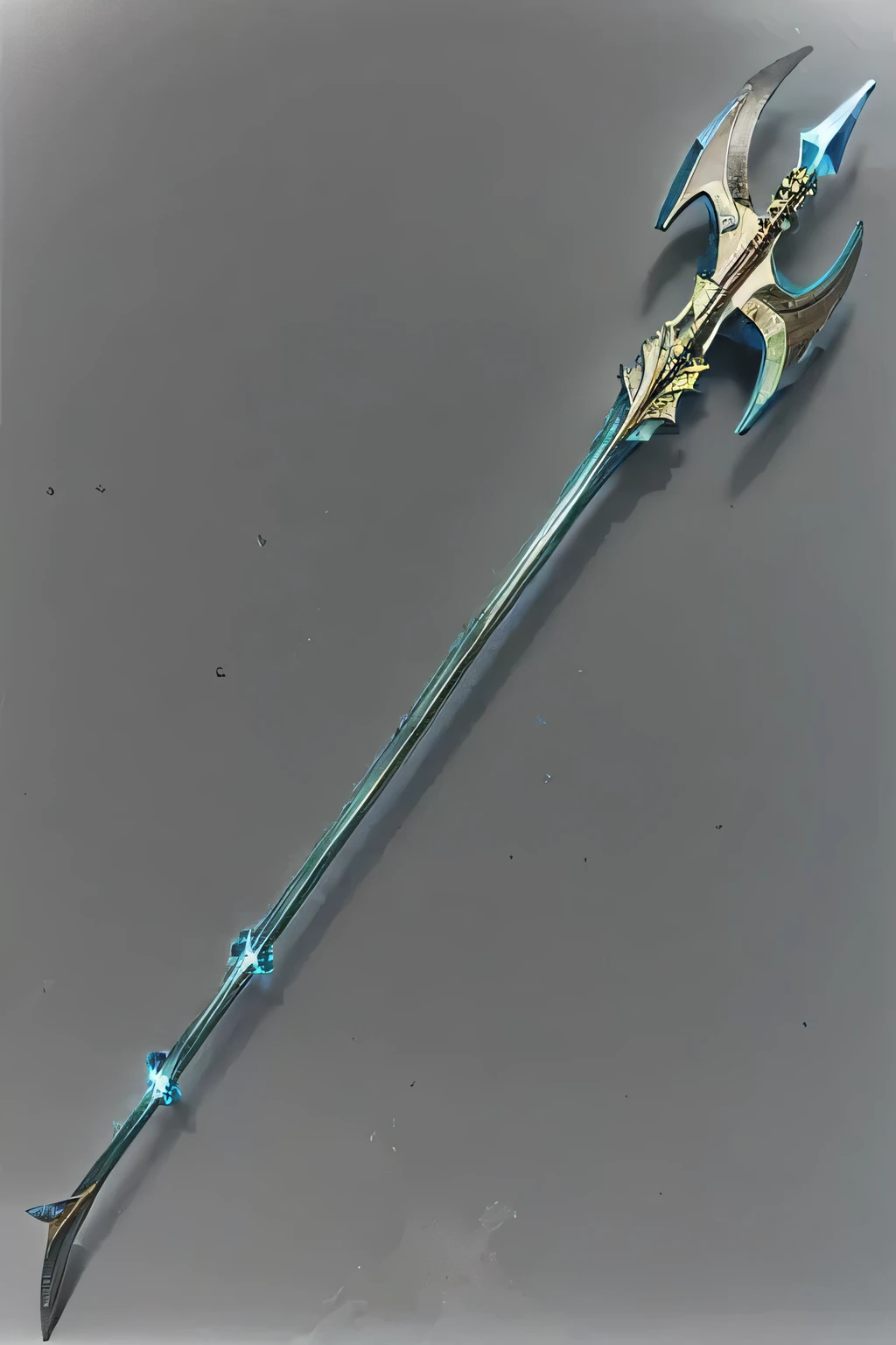 An atlantean trident made of sea blue color metal and arcane glowing at the end.