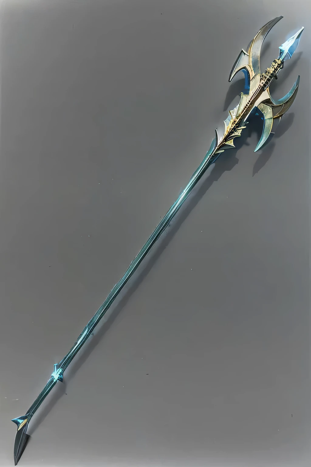 An atlantean trident made of sea blue color metal and arcane glowing at the end.