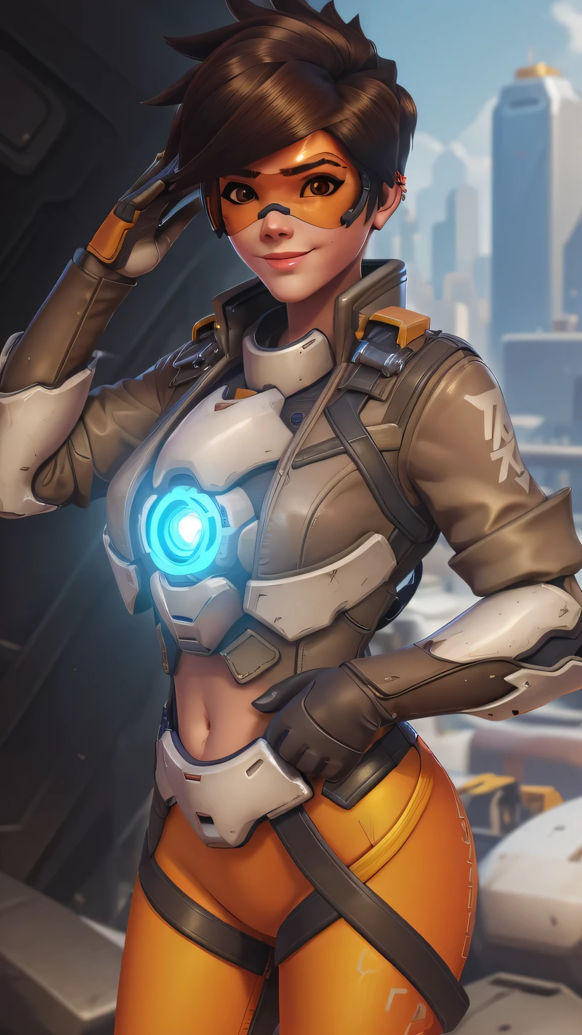 portrait of tracer, close up, gwen tennyson, tracer, overwatch, battle ruins, futuristic city, mecha pilot, bodysuit, brown short sleeve pilot jacket, neon orange sport leggings, short hair, punk makeup, hazel eyes, multicolored brown hair, shy smile, freckles, beautiful girl, medium breasts,8k,ultra detailed, realistic, fantasy art, cyborg armor, pilot uniform,(weather: windy), (visor, googles), salute stance,