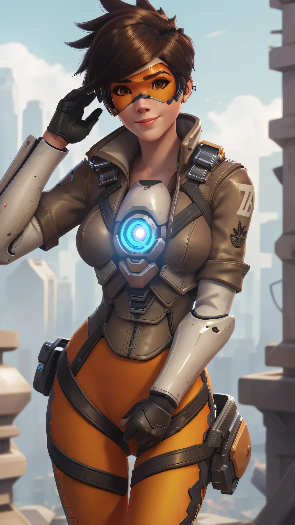 portrait of tracer, close up, gwen tennyson, tracer, overwatch, battle ruins, futuristic city, mecha pilot, bodysuit, brown short sleeve pilot jacket, neon orange sport leggings, short hair, punk makeup, hazel eyes, multicolored brown hair, shy smile, freckles, beautiful girl, medium breasts,8k,ultra detailed, realistic, fantasy art, cyborg armor, pilot uniform,(weather: windy), (visor, googles), salute stance,