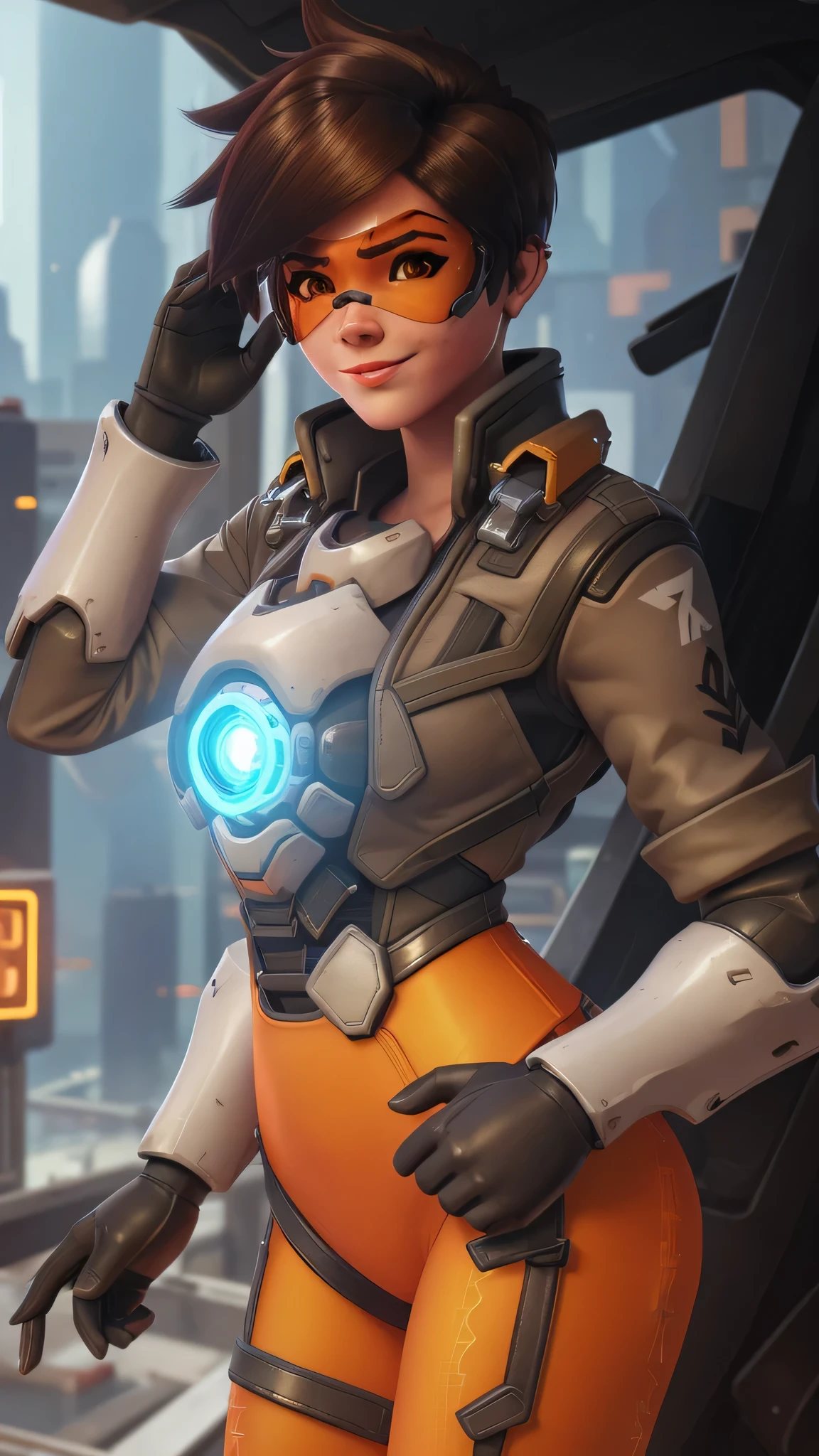 portrait of tracer, close up, gwen tennyson, tracer, overwatch, battle ruins, futuristic city, mecha pilot, bodysuit, brown short sleeve pilot jacket, neon orange sport leggings, short hair, punk makeup, hazel eyes, multicolored brown hair, shy smile, freckles, beautiful girl, medium breasts,8k,ultra detailed, realistic, fantasy art, cyborg armor, pilot uniform,(weather: windy), (visor, googles), salute stance,