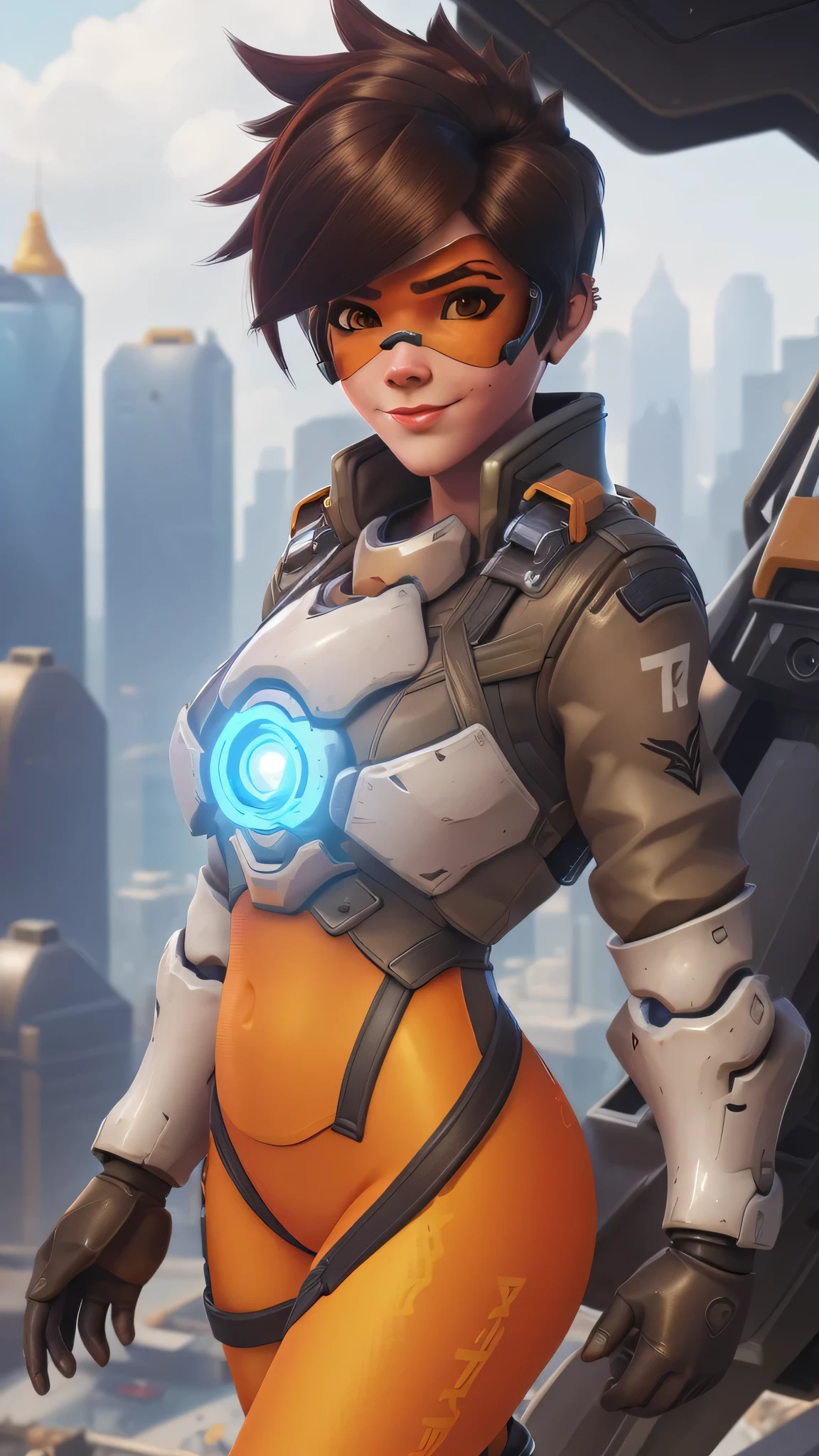 portrait of tracer, close up, gwen tennyson, tracer, overwatch, battle ruins, futuristic city, mecha pilot, bodysuit, brown short sleeve pilot jacket, neon orange sport leggings, short hair, punk makeup, hazel eyes, multicolored brown hair, shy smile, freckles, beautiful girl, medium breasts,8k,ultra detailed, realistic, fantasy art, cyborg armor, pilot uniform,(weather: windy), (visor, googles), salute stance,