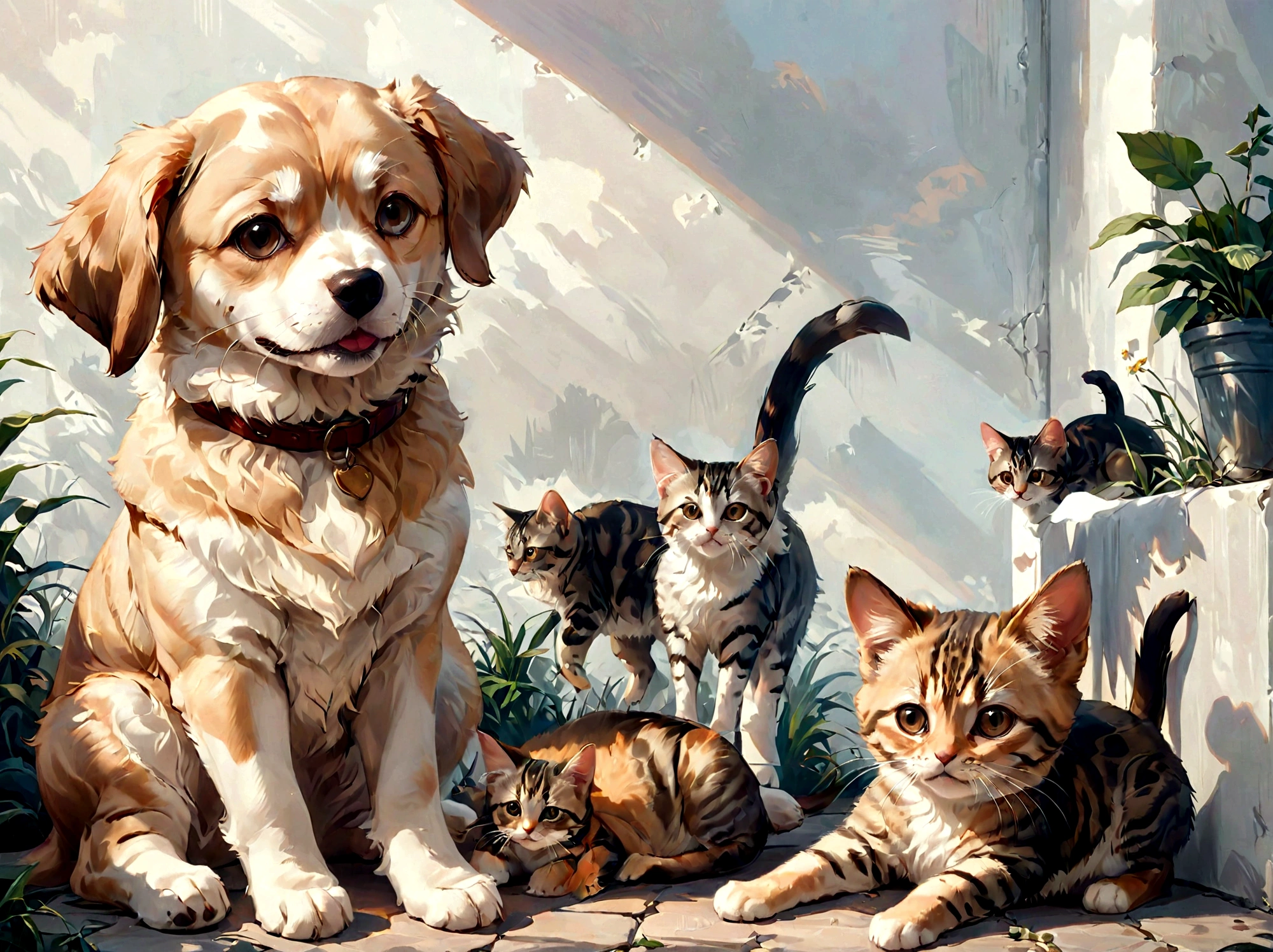 "A realistic painting of a dog and a cat in the exact same positions as in the provided photo. The dog is on the left, facing forward with a slightly tilted head, light brown fur, and a happy expression. The cat is on the right, laying down, with dark tabby fur and large eyes, also facing forward. The background should be a plain wall, just like in the photo. The overall composition and details should closely match the original photo."