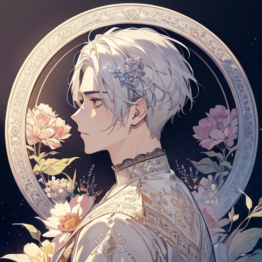 (​masterpiece、top-quality、top-quality、Beautifully Aesthetic:1.2)、(1male:1.3)、(Fractal Art:1.3)、Delicate lace clothing、Round picture frame、Flowers and Gemstones、Platinum Silver Hair Ornament、Geometric pattern、colourful hair、profile、Faces close