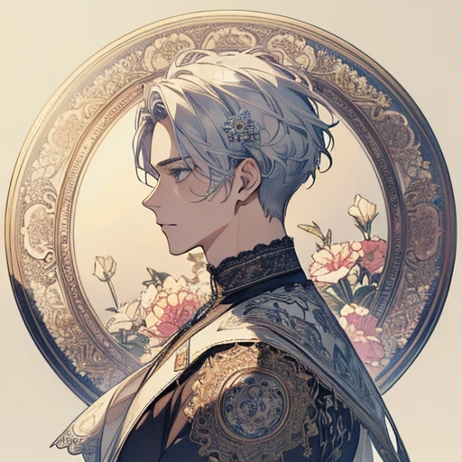 (masterpiece、top-quality、top-quality、Beautifully Aesthetic:1.2)、(1male:1.3)、(Fractal Art:1.3)、Delicate lace clothing、Round picture frame、Flowers and Gemstones、Platinum Silver Hair Ornament、Geometric pattern、colourful hair、profile、Faces close