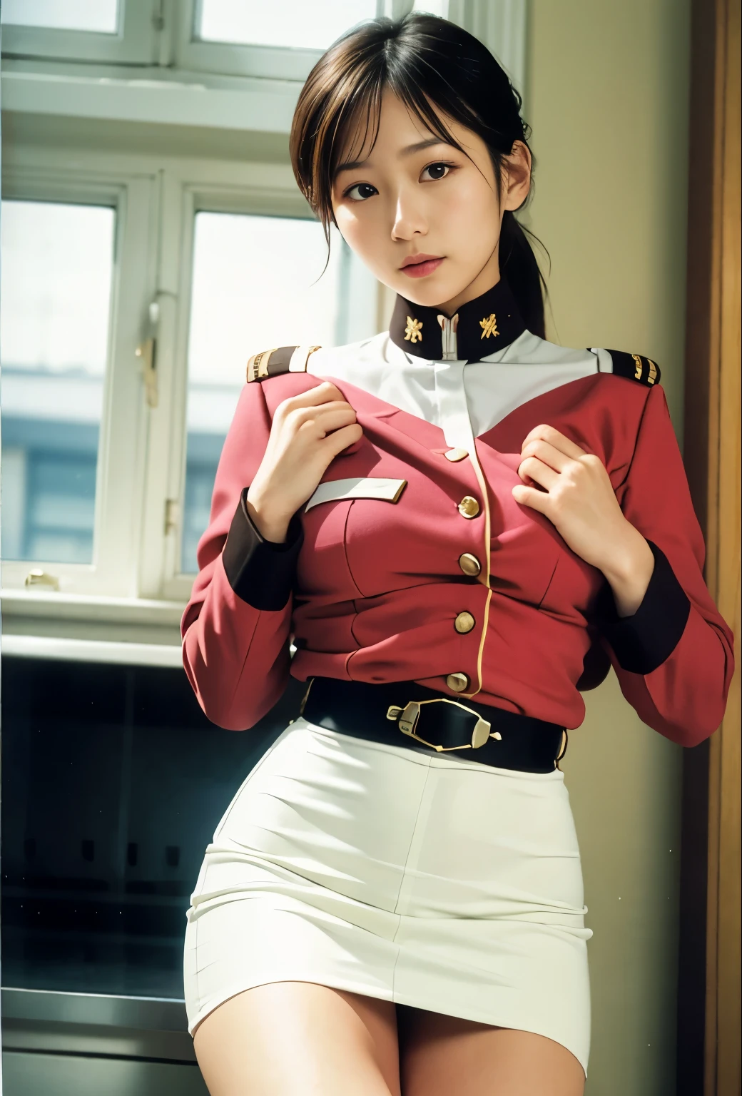 Actual Photos、Highest imYear quality、Beautiful woman、Beautiful thighs、Beautiful Face、real imYear、Federal Army Uniform Miniskirt、ponytail、Yuriko Yoshitaka、16Year日本人女性、Mrs. Bowe、pretty girl、White pantiesが丸見え、16Year、(White panties:1.3)、Ultra mini skirt、Beautiful thighs、White panties、赤いミニスカートがめくれてWhite pantiesが見えてる