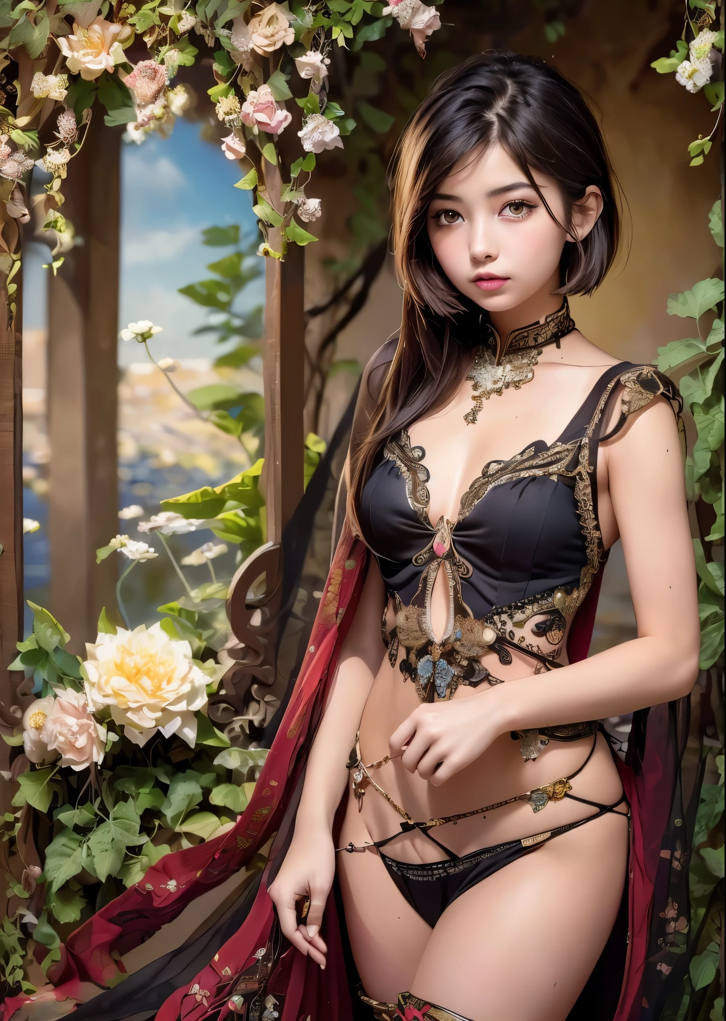 (masterpiece, highest quality, highest quality, Official Art, Short chestnut pixie cut hair、Beautiful Girl:1.2), (A girl in Arab costume), It looks like something out of Sinbad、Very detailed,(Fractal Art:1.3),colorful,Most detailed, Background with fractals and various floral and greenery details