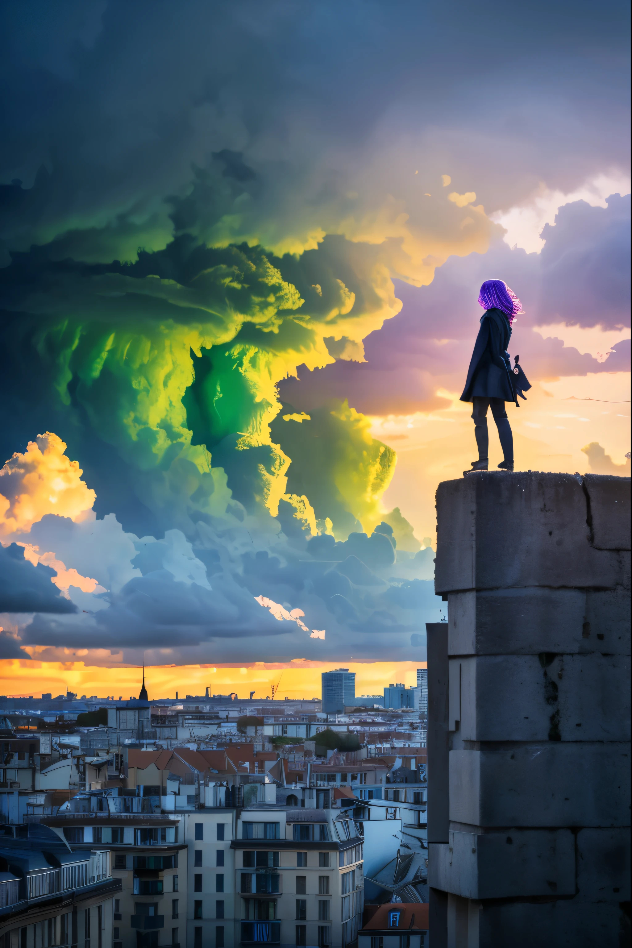 ((masterpiece, In 8K, High resolution,Surreal)),Skinny French beauty、Purple Hair、Green Eyes、Stormy skies、Silhouette of a monster in the distance、View from the rooftop of a building、Clerk&#39;s uniform、weather forecast、Silhouette of a monster in the distance、The most beautiful back