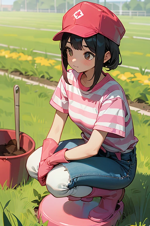 A female elementary school student wearing a short-sleeved horizontal striped shirt, shorts and jeans, large pink rubber gloves, white rubber boots and a red gym cap squatting in a field to dig potatoes