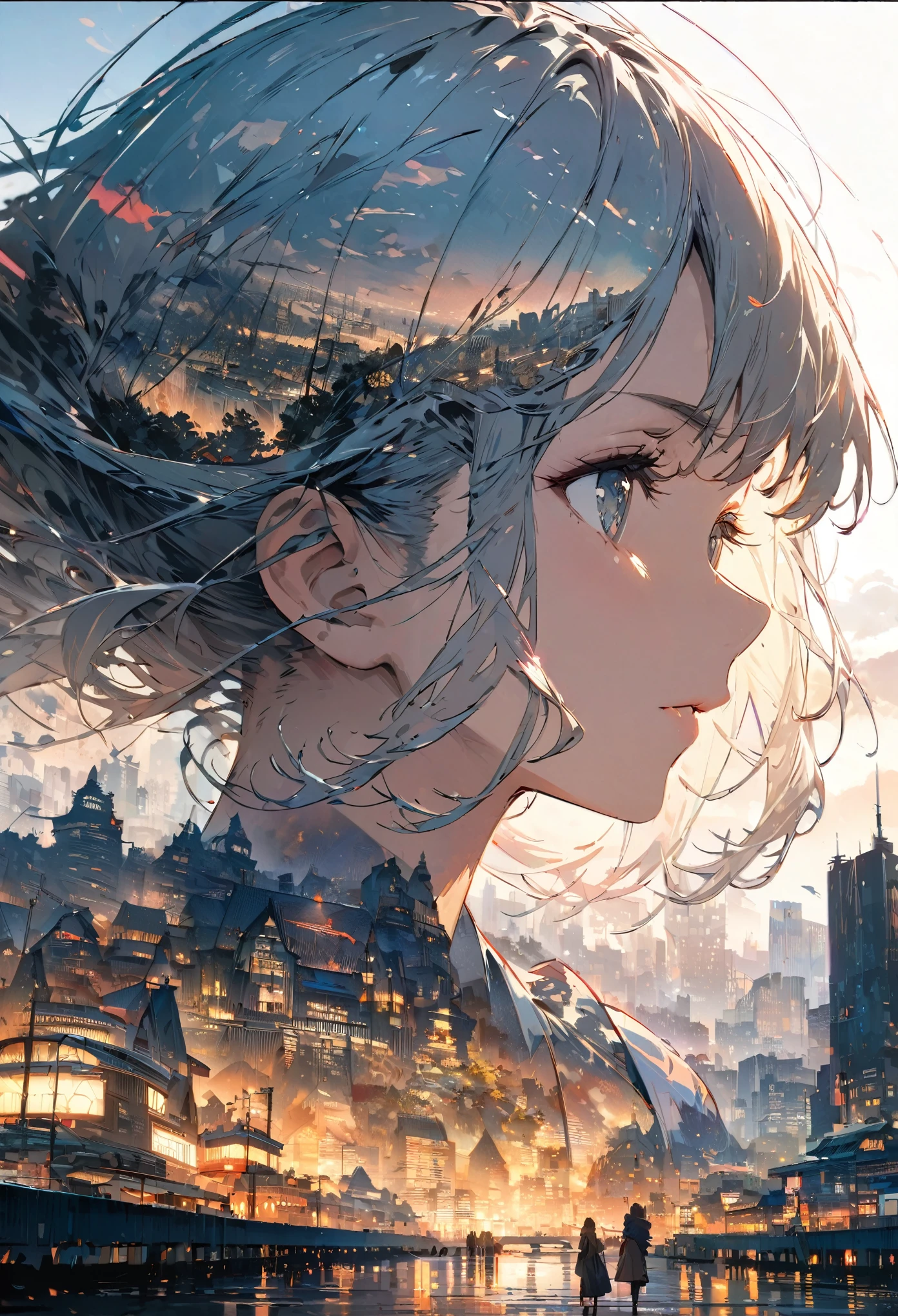    Double exposure of a beautiful and delicate lady(Face clear and perfect)Image，The backdrop is a hyper-detailed tokyo city perfect for, Beautifully, Intricate illustrations, art work concept art work masterpiece, best quality, Super detailed, HD