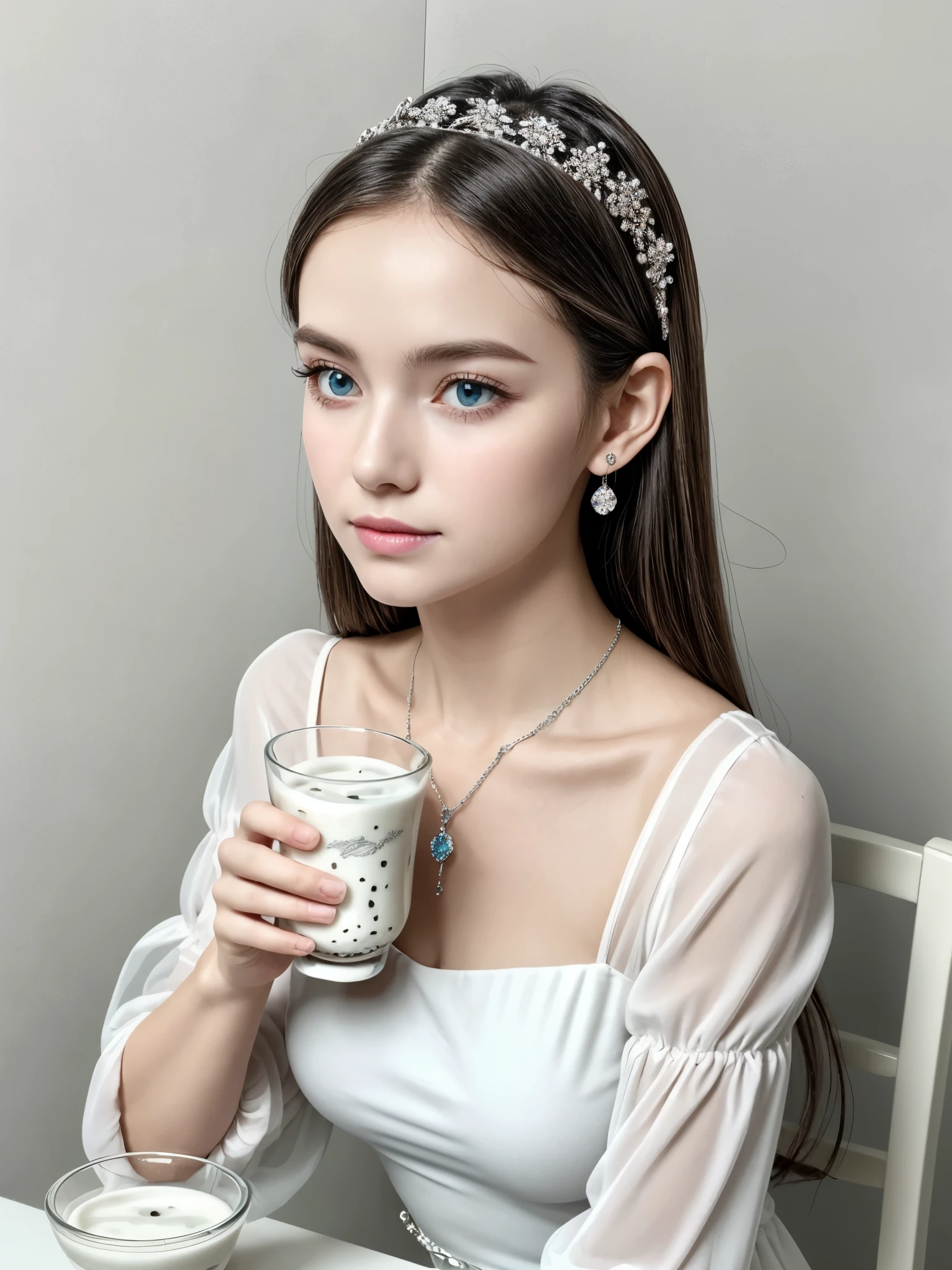 A serene woman with long, flowing white hair, pale glowing skin, striking blue eyes, and a soft pink smile, wearing a semi-transparent white dress with bell sleeves and subtle embroidery, a silver headpiece, and a glowing crystal pendant, surrounded by a faint glow and sparkles, sits in a minimalist white room, (a glass of milk:1.4), (****, cute:1.3), (breasts:1.2), 