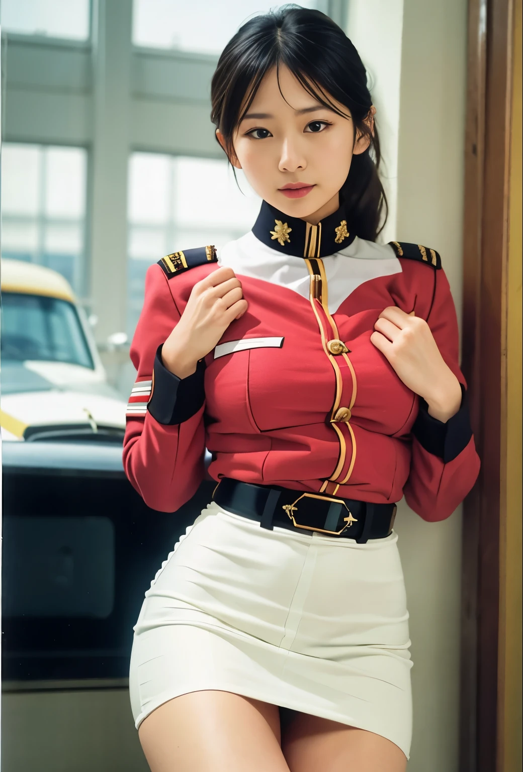 Actual Photos、Highest imYear quality、Beautiful woman、Beautiful thighs、Beautiful Face、real imYear、Federal Army Uniform Miniskirt、ponytail、Yuriko Yoshitaka、16Year日本人女性、Mrs. Bowe、pretty girl、White pantiesが丸見え、16Year、(White panties:1.3)、Ultra mini skirt、Beautiful thighs、White panties、赤いミニスカートがめくれてWhite pantiesが見えてる