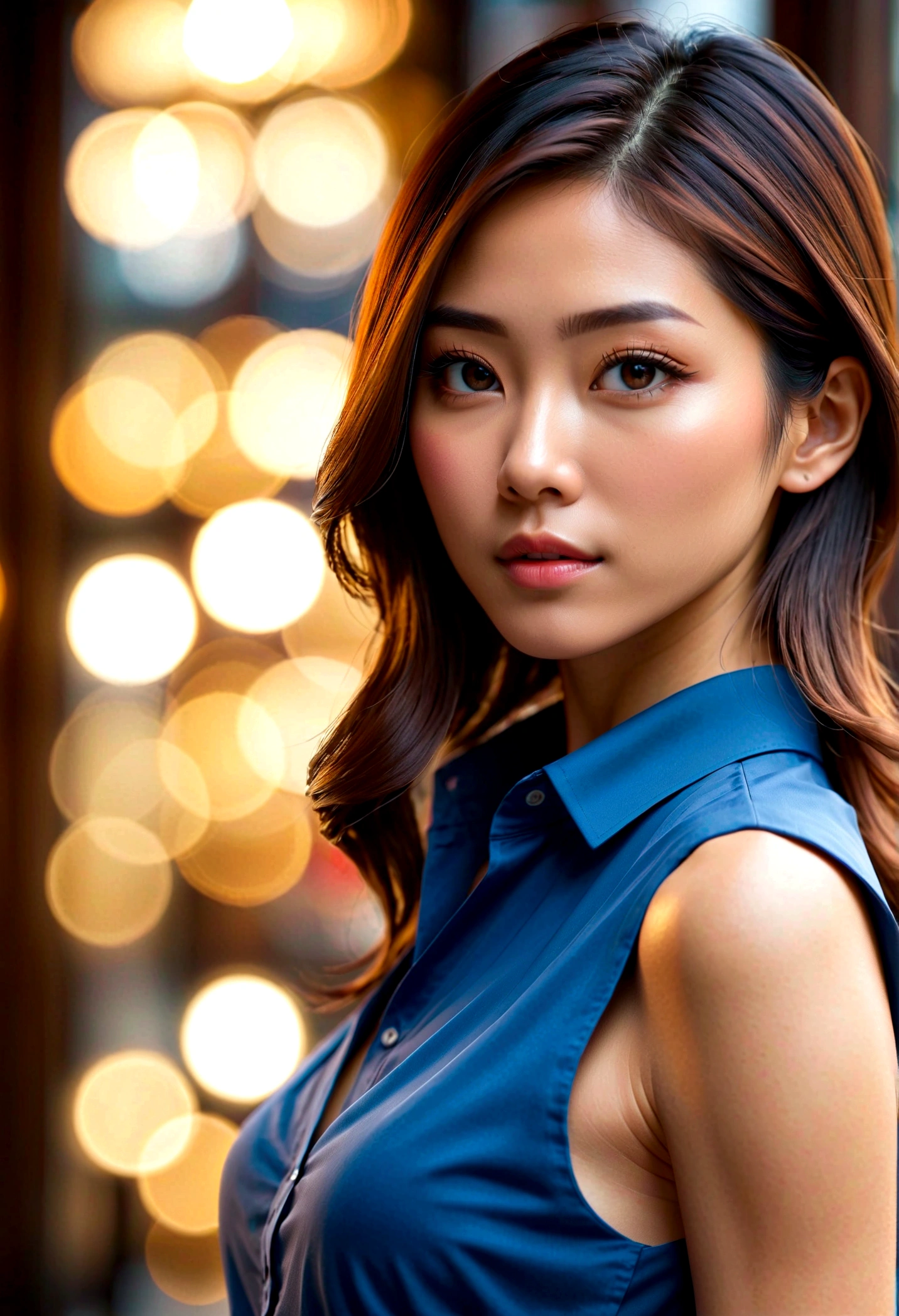 Japanese woman,Blue shirt,Sleeveless,Realistic details, high resolution,Bokeh,Outstanding details