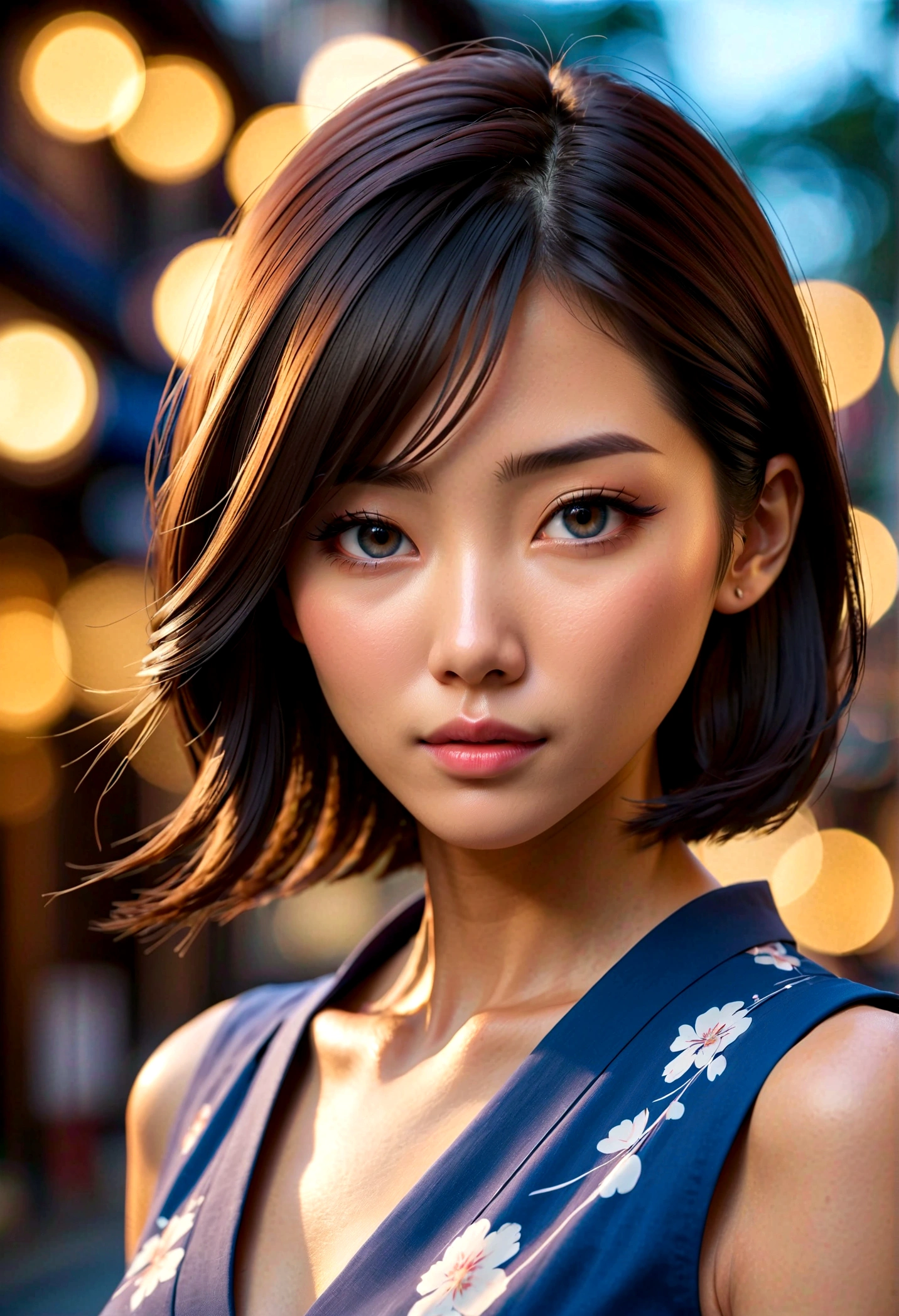 Japanese woman,Blue shirt,Sleeveless,Realistic details, high resolution,Bokeh,Outstanding details