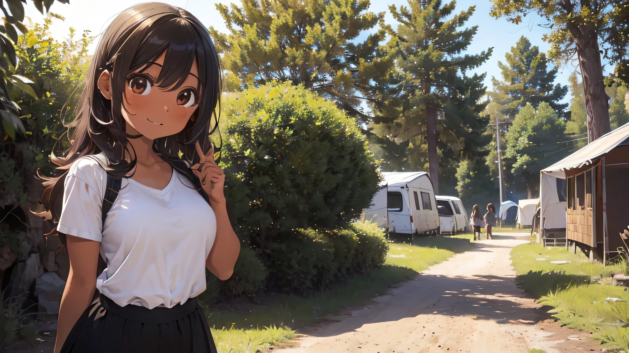 best god quality, Ultra-detailed, perfect Anatomy, (Draw a sweet tanned skinned girl), 1girl, is a excited beautiful tan girl, in casual skirt and shirt, dark skin girl, tanline skin, (dark skin*2), (brown hair + wavy hair*1.2), Full limbs, complete fingers, groin, Beautiful gold eyes, well-proportioned tan girl, tender eyes, casual clothing, in a camp ground, High resolution, Best lighting by professional AI, camp grounds, forest, looking at viewer, (((One girl in middle))), (((SOLO))), (camp ground in background)