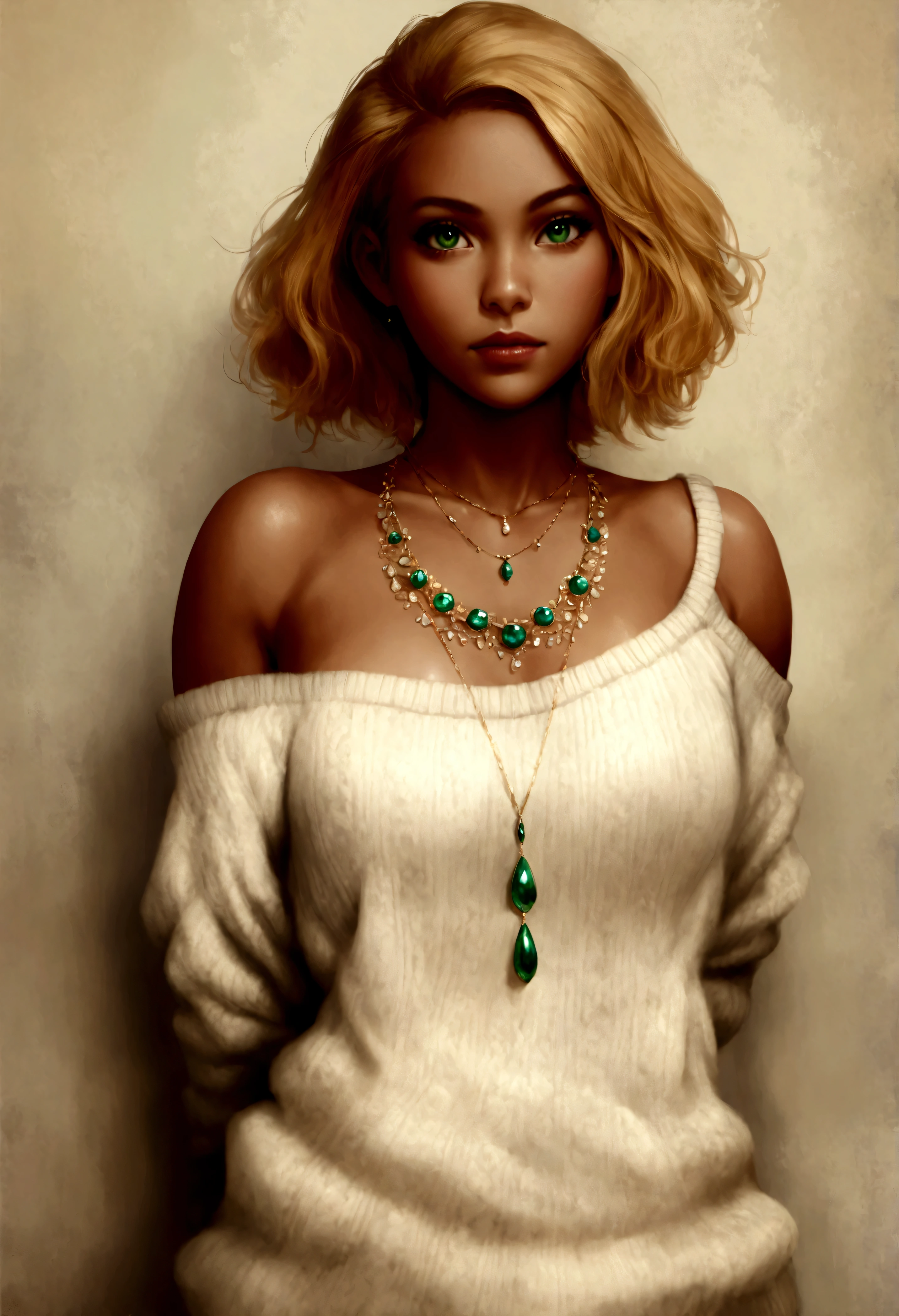 1girl in, age19, Solo, Short hair, Colossal , Looking at Viewer, blackhair, Bare shoulders, Green eyes, jewely, Full body, a necklace, off shoulders, Sweaters, Realistic, tan skin,