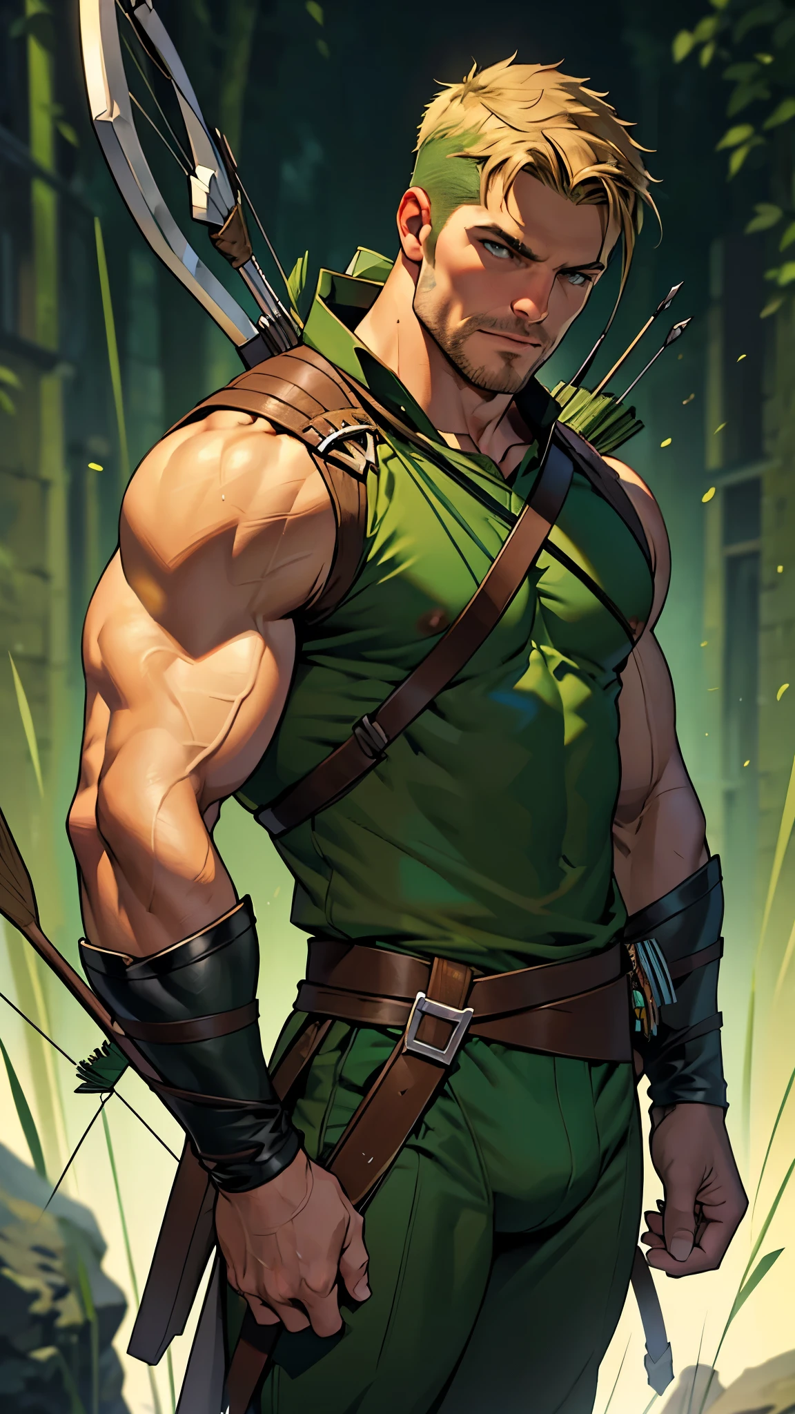 8k, high quality , detailed face , detailed fingers ,detailed muscles stephen amell as green arrow , wearing dark green outfit , showing a dark blond short hair , a thick facial hair , hard nipples, a bulge ,hunk and handsome, aiming with his bow and arrow toward the ennemy , with the quiver on his back full of arrows