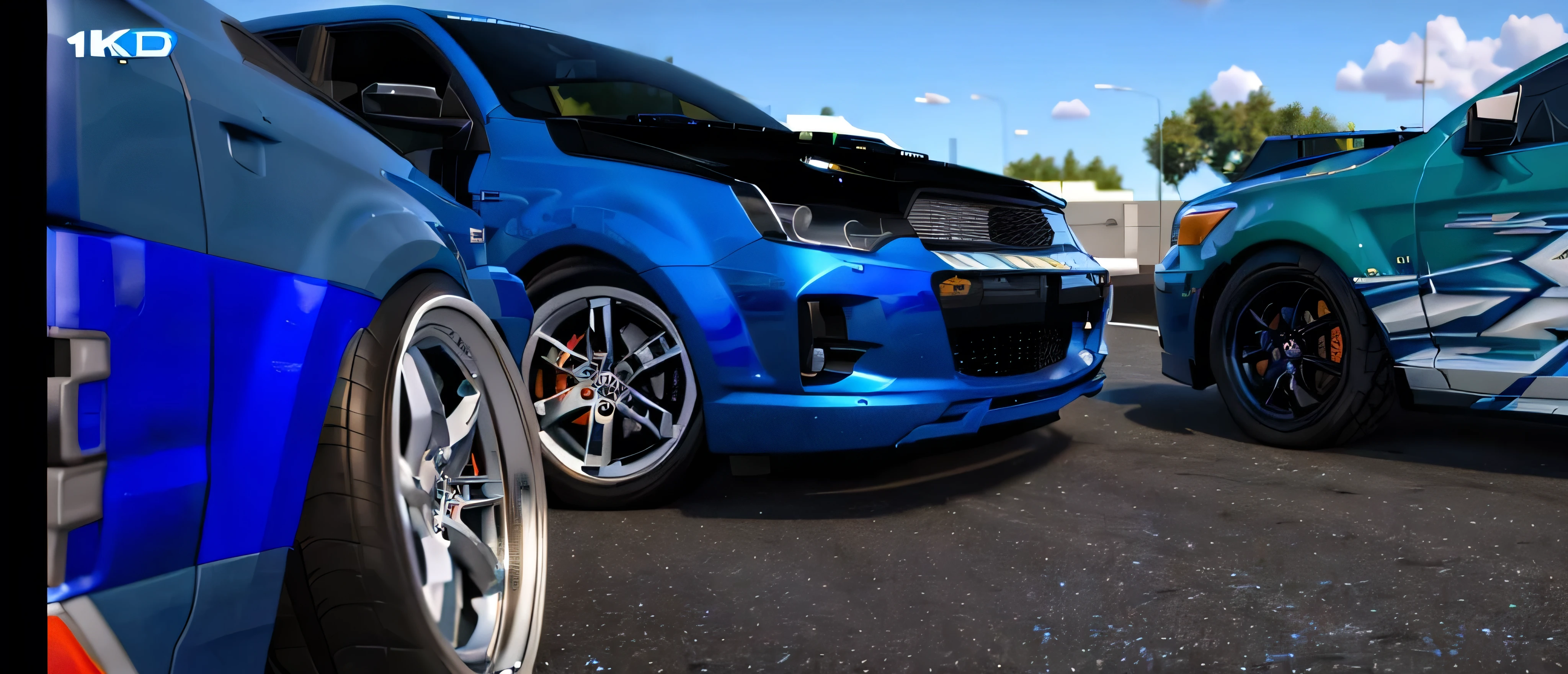there are two cars that are parked in a parking lot, 2k, 2 k, 4k (blue)!!, 8k!, realism artstyle, realistic cars, !8k!, 3d render”, online, background blur, 8k!!, 16k 3d, tuning, [ 4 k photorealism ], hd”, [ digital art ]!!