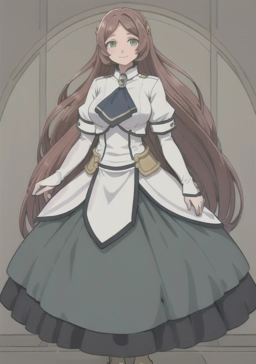 randgriz, 1girl, solo, long hair, breasts, looking at viewer, smile, brown hair, hair ornament, long sleeves, dress, very long hair, green eyes, standing, full body, ascot,