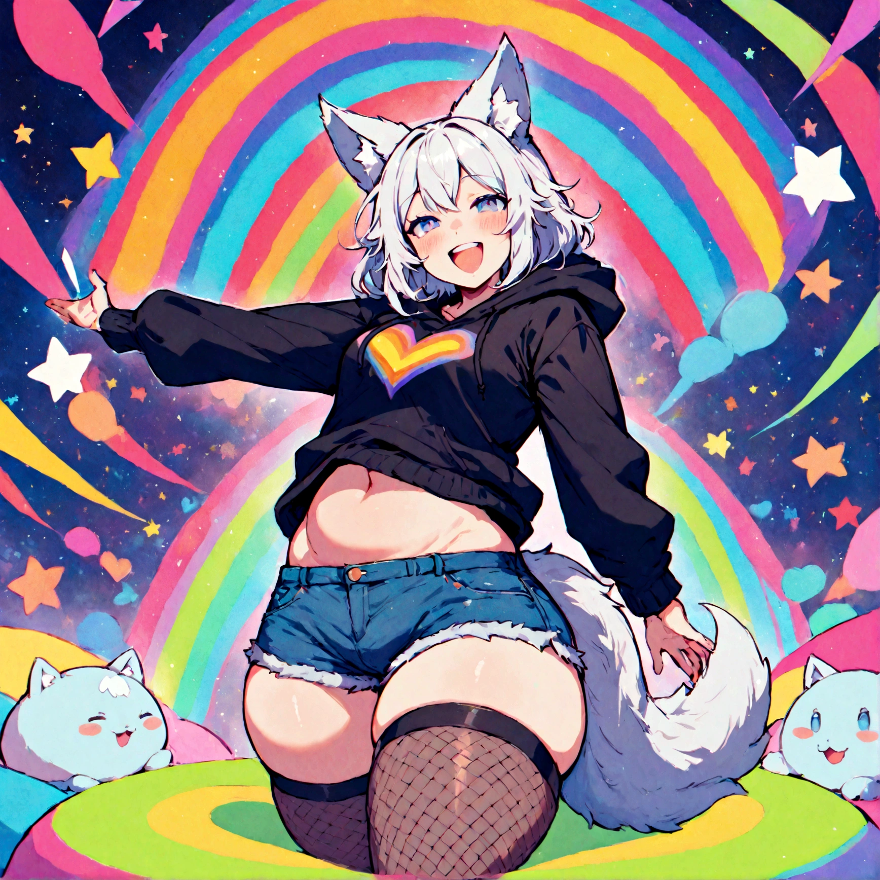 a cute adult male with wolf ears, white hair, has a wolf tail, wearing a loose cropped oversized black hoodie, wearing a pair of denim short shorts and thigh high fishnet stockings, thick thighs, wide hips, relaxing on mound of fluffy multi colored kawaii plushies, short, very slim, showing slender tummy, stretching out, heart on hoodie, squishy thighs, has glowing blue eyes. alone, solo (ALONE)(SOLO), surrounded by rainbows, colorful galaxy backround, mouth wide open grin, very happy, excited, nice butt