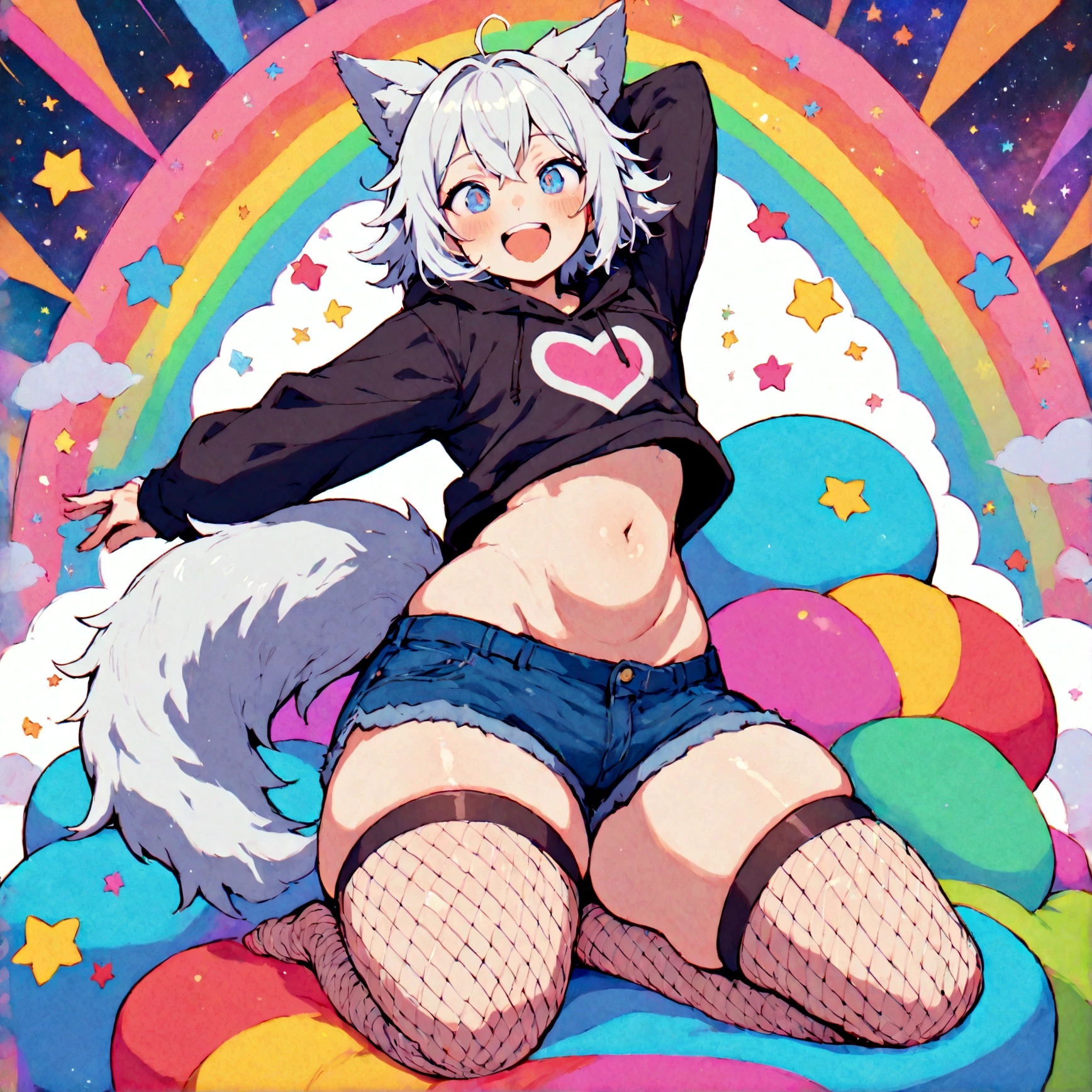 a cute adult male with wolf ears, white hair, has a wolf tail, wearing a loose cropped oversized black hoodie, wearing a pair of denim short shorts and thigh high fishnet stockings, thick thighs, wide hips, relaxing on mound of fluffy multi colored kawaii plushies, short, very slim, showing slender tummy, stretching out, heart on hoodie, squishy thighs, has glowing blue eyes. alone, solo (ALONE)(SOLO), surrounded by rainbows, colorful galaxy backround, mouth wide open grin, very happy, excited, nice butt