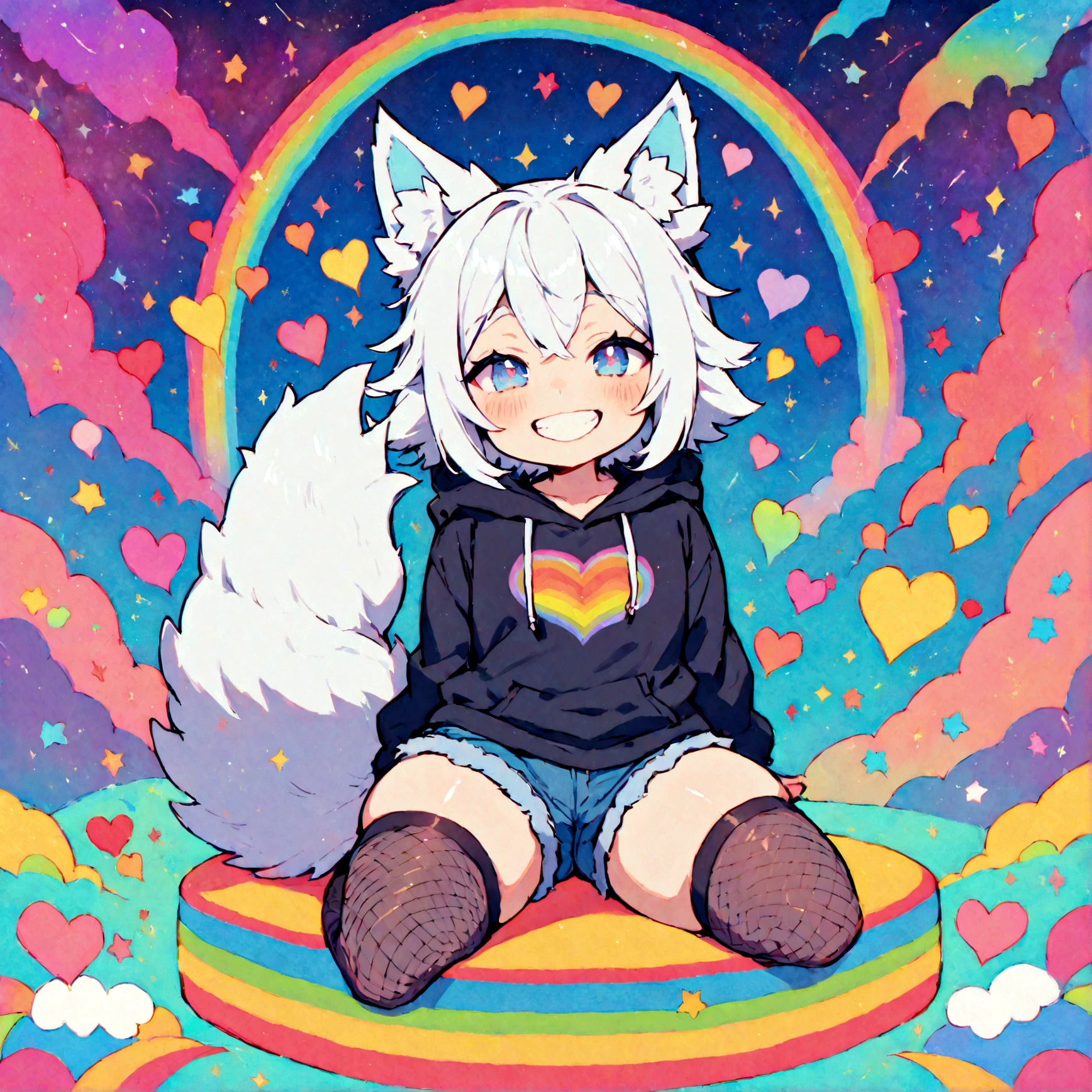 a cute adult male with wolf ears, white hair, has a wolf tail, wearing a loose cropped oversized black hoodie, wearing a pair of denim short shorts and thigh high fishnet stockings, thick thighs, wide hips, relaxing on mound of fluffy multi colored kawaii plushies, short, very slim, showing slender tummy, stretching out, heart on hoodie, squishy thighs, has glowing blue eyes. alone, solo (ALONE)(SOLO), surrounded by rainbows, colorful galaxy backround, mouth wide open grin, very happy, excited, nice butt