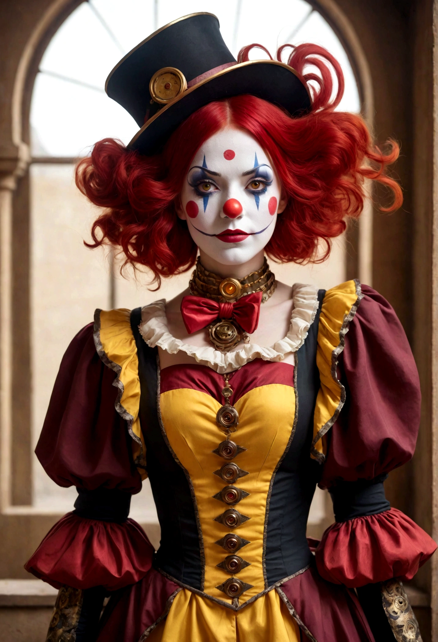 a woman dressed as a clown with red hair, in the style of magical girl, colorful moebius, light yellow and dark crimson, steampunk, kintsukuroi, loose and fluid, stylish costume design