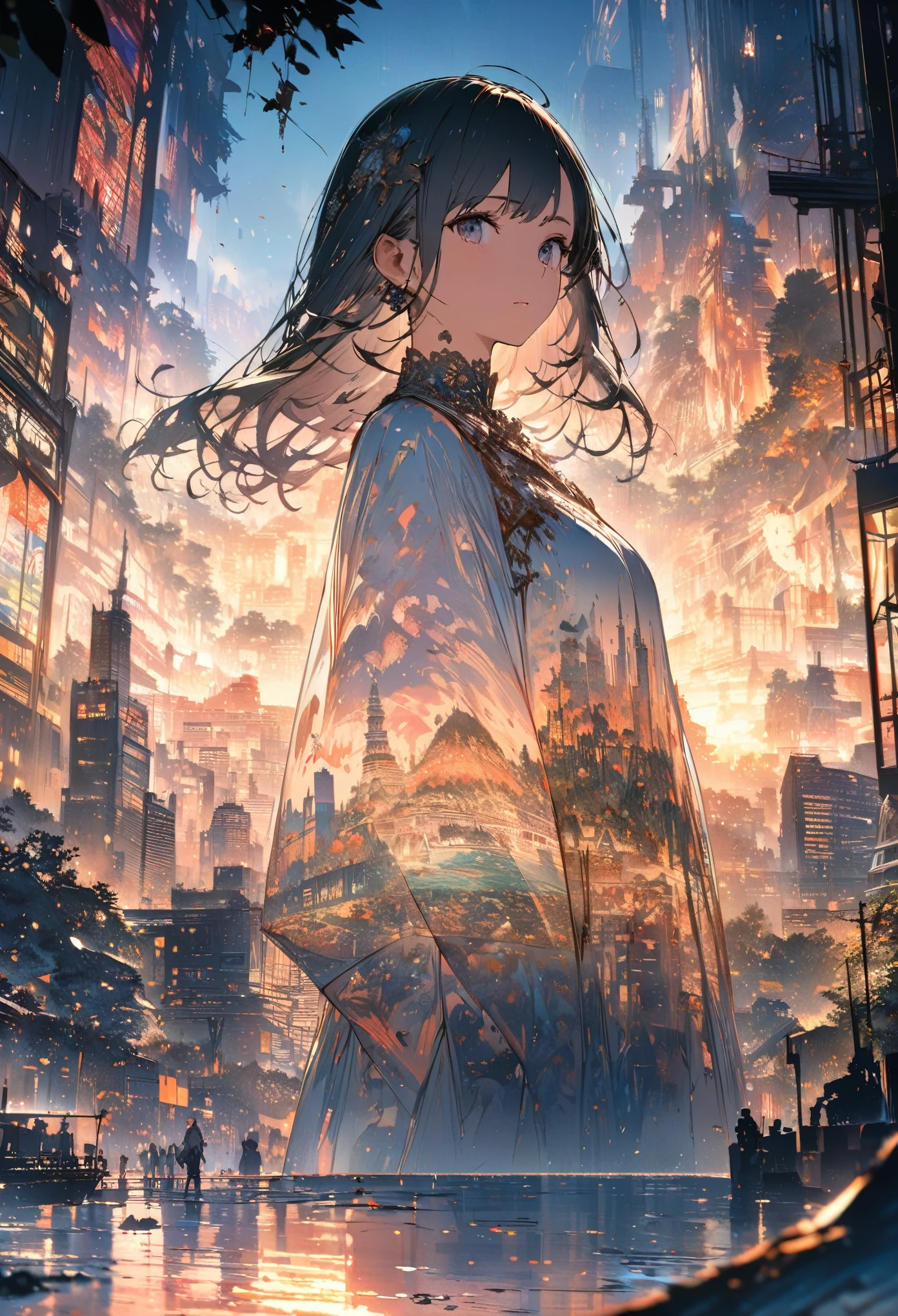 Double exposure of a beautiful and delicate lady(Face clear and perfect)Image,The backdrop is a hyper-detailed tokyo city perfect for, Beautifully, Intricate illustrations, art work concept art work masterpiece, best quality, Super detailed, HD