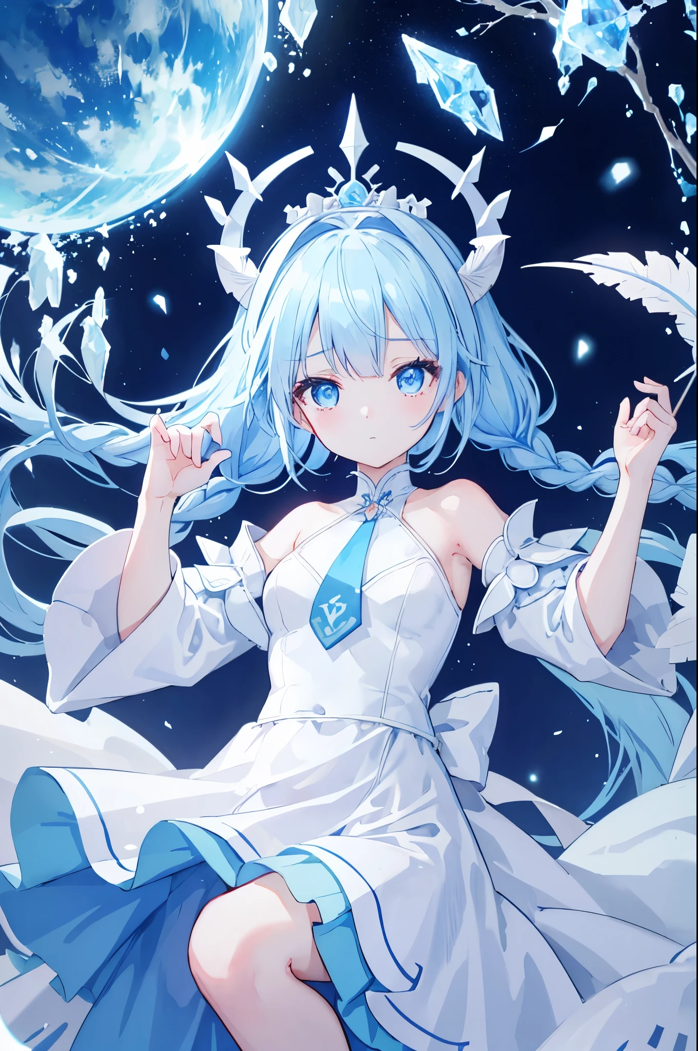 12 year old girl,Double horns on the top of the head、Feather Dragon Horn、blue hair、White Dress、blue eyes、Gem Eyes、Clear blue sky,ice Queen,ice Pole,grassland,Gauze skirt,ice花,ice,(头上有很多ice屑:10),Weak、detailed、Beautiful composition、Wind、Headband、Dragon Lady、Light blue eyes、Small Breasts、Very beautiful dress、Tie at the waist、Hair accessories、装飾の多いHair accessories、Single Braid、Put your hair on your shoulders
