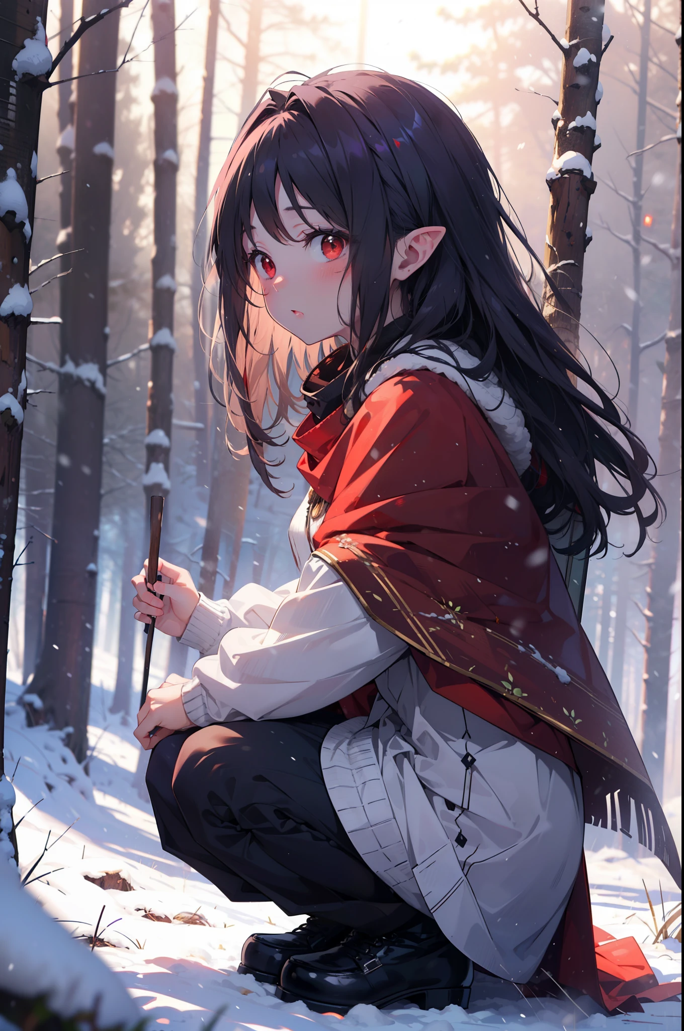 yuukikonno, Yuki Konno, hair band, Long Hair, Pointed Ears, Purple Hair, (Red eyes:1.5), (Small breasts:1.2),blush,White Breath, Open your mouth,snow, Bonfire, Outdoor, boots, snowing, From the side, wood, suitcase, Cape, Blurred, forest,  nature, Brown eyes, , Squat, Mouth closed, ,Cape, winter, Written boundary depth, Black shoes, red Cape
break looking at viewer, Upper Body, whole body,
break Outdoor, forest, nature,
break (masterpiece:1.2), highest quality, High resolution, unity 8k wallpaper, (shape:0.8), (Beautiful and beautiful eyes:1.6), Highly detailed face, Perfect lighting, Extremely detailed CG, (Perfect hands, Perfect ???????),
