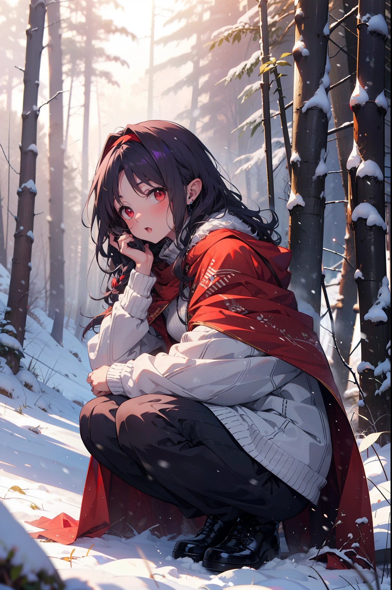 yuukikonno, Yuki Konno, hair band, Long Hair, Pointed Ears, Purple Hair, (Red eyes:1.5), (Small breasts:1.2),blush,White Breath, Open your mouth,snow, Bonfire, Outdoor, boots, snowing, From the side, wood, suitcase, Cape, Blurred, forest,  nature, Brown eyes, , Squat, Mouth closed, ,Cape, winter, Written boundary depth, Black shoes, red Cape
break looking at viewer, Upper Body, whole body,
break Outdoor, forest, nature,
break (masterpiece:1.2), highest quality, High resolution, unity 8k wallpaper, (shape:0.8), (Beautiful and beautiful eyes:1.6), Highly detailed face, Perfect lighting, Extremely detailed CG, (Perfect hands, Perfect Anatomy),