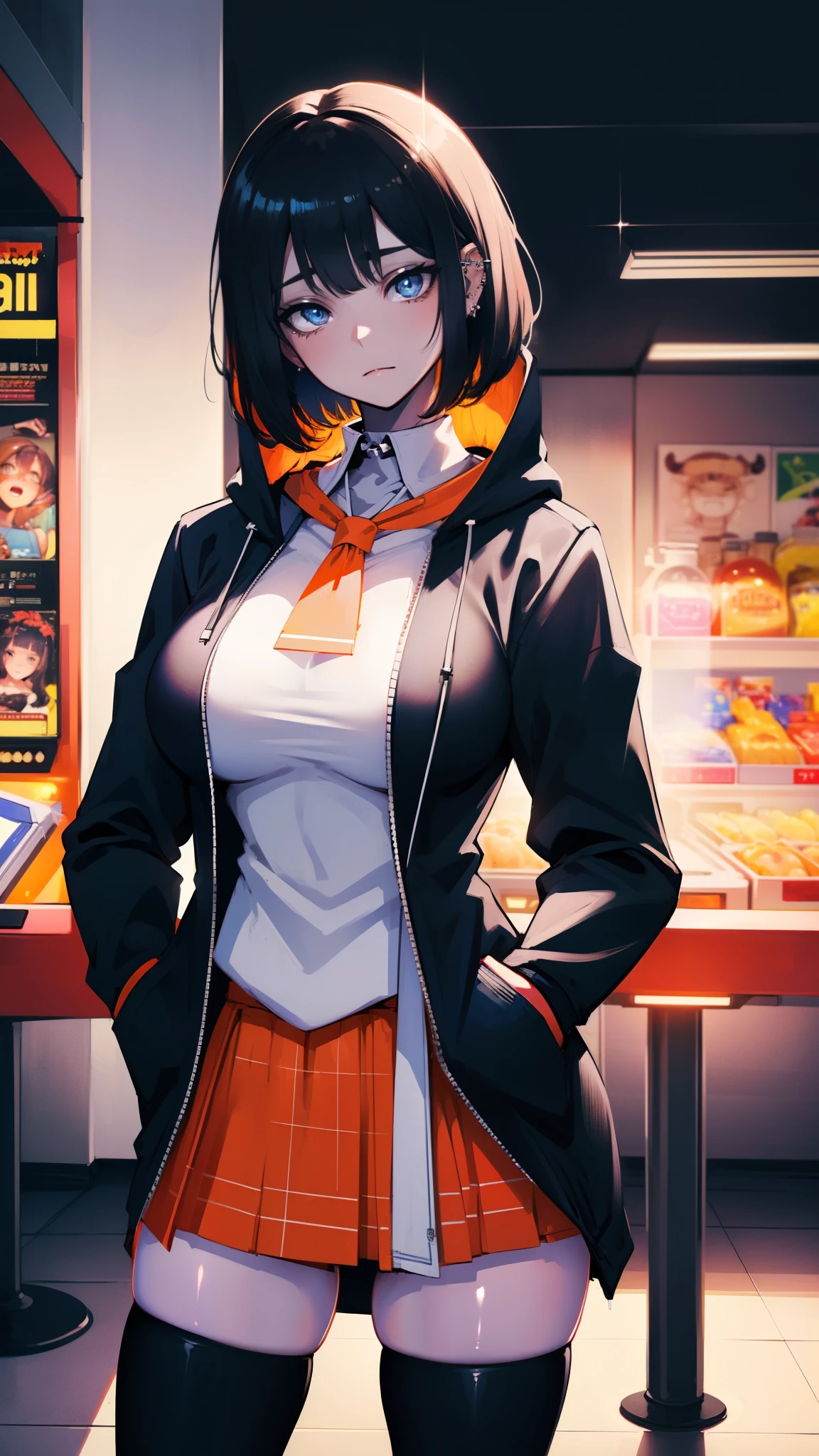 Cinematic lighting、(key light:Front diagonal 45 degrees, fill light、Backlight、shadow、blue and orange color palette), accurate human body、detailed person、Correct five-finger、RAW photo、 4K - ultra-vivid、highest quality, masterpiece, ultra high resolution, (reality: 1.4),
(((oil skin,sparkling skin、realistic skin texture、detailed beautiful skin、shiny skin、shiny skin)))、
upper body shot, camera angle is low, Depth of the bounds written, Focus on the center, fine eyes, perfect face and eyes、
At the amusement arcade, game console, game machine,
girl, short bob black hair, early , black Hoodie with pockets, plaid miniskirt, purple collar, black face mask, piercing,
small breasts, slender, standing , naughty,
zettai ryouiki, absurd resolution, absurd detailed, best quality, (((big breasts)))
