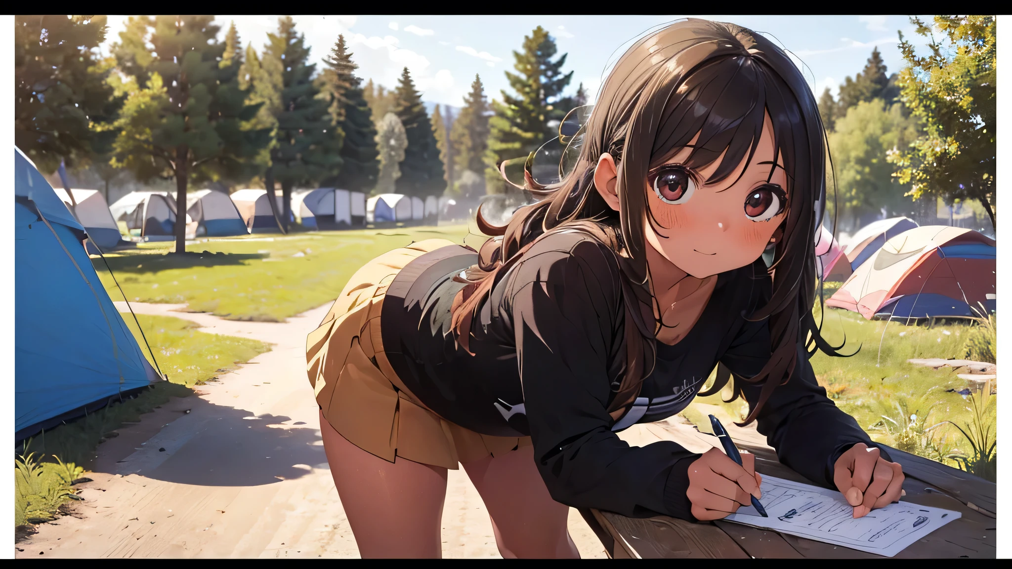 best god quality, Ultra-detailed, perfect Anatomy, (Draw a sweet tanned skinned girl), 1girl, is a excited beautiful tan girl, in casual skirt and shirt, dark skin girl, tanline skin, (dark skin*2), (brown hair + wavy hair*1.2), Full limbs, complete fingers, groin, Beautiful gold eyes, well-proportioned tan girl, tender eyes, casual clothing, in a camp ground, High resolution, Best lighting by professional AI, camp grounds, forest, looking at viewer, (((One girl in middle))), (((SOLO))), (camp ground in background)