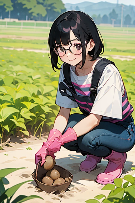A black-haired, glasses-wearing elementary school girl wearing a short-sleeved horizontal striped shirt, shorts and jeans, oversized pink rubber gloves and white rubber boots, squatting and smiling while digging potatoes in a field
