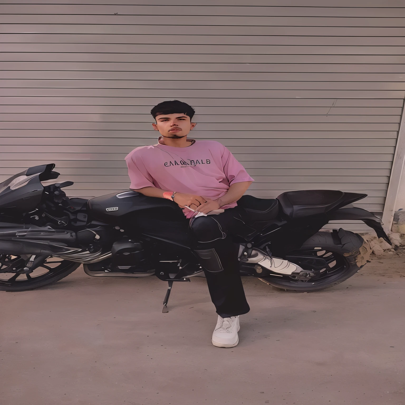 there is a man sitting on a motorcycle in front of a garage, very very low quality picture, full body picture, riyahd cassiem, without helmet, mohamed chahin style, around 1 , khyzyl saleem, desaturated!!, motorcycle, low quality photograph, ash thorp khyzyl saleem, ismail