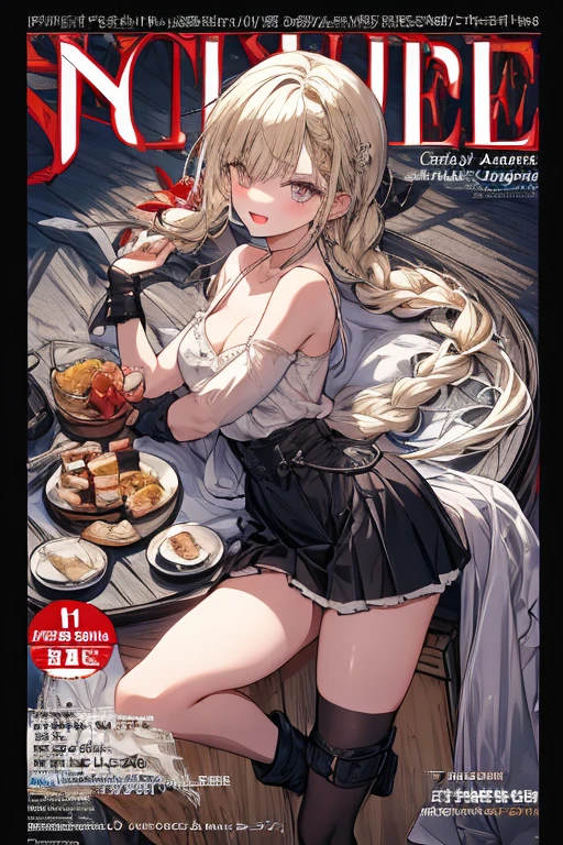 (small breasts:1.2), (perky chest:1.2), (pointed chest:1.2), (Pudding cake magazine cover:1.3),(from above:1.0),(shoot from the side:1.1),masterpiece, 1girl, Amazing Cleavage:1.1, thin waist, optimum,tmasterpiece,hight resolution,best qualtiy,hyper HD,super detailing,awardwinning,a 18yo cute girl,(The upper part of the body),anatomy correct,Beautiful Black miniskirt,garters,Gaze,Small face,bangss,holster,Beautuful Women,hands up,leg holster,Gaze,black boots,Cowboy Shot,cute face,a blond,Longhaire,Twin-tailed,Braids, Hairline,(scarlet eyes),long eyelasher,Hanging eye corners,White skin of the, ((see through camisole:1.1)), ((Sheer nipples:1.0)),Rocket Tits,(Slim body),smile,seductive weak smiling,(with sparkling eyes and a contagious smile),little open mouth, Looking at Viewer,