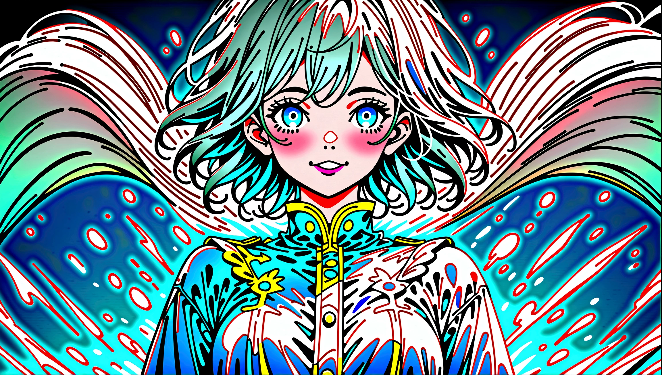 ((top-quality)), ((masterpiece)), ((ultra-detailliert)), (Extremely delicate and beautiful), girl with, solo, cold attitude,((Black jacket)),She is very(relax)with the(Settled down)Looks,A dark-haired, depth of fields,Evil smile,Bubble, under the water, Air bubble,bright light blue eyes,inner color with bright gray hair and light blue tips,,,,,,,,,,,,,Cold background,Shorthair、Bob Hair - Linear Art, shortpants、knee high socks、White uniform like 、Light blue ribbon ties、Clothes are sheer、Hands in pockets、Bright eyes like sapphire,Fronllesse Blue, A small blue light was floating、Upper Eyes、glass shards、Snowflake eyes、fantastic eyes