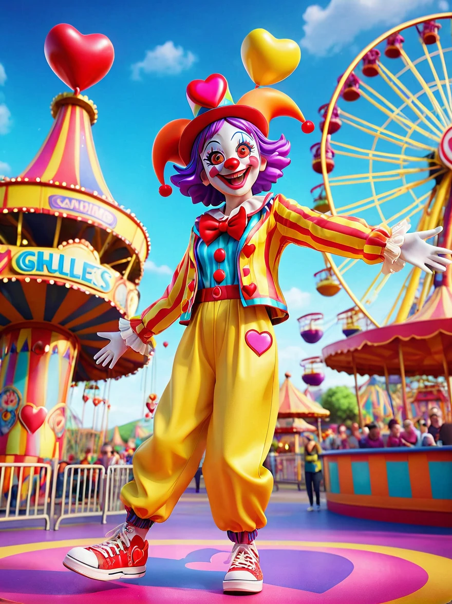 1girl，solo，clown，Grinning，big eyes，sparkling，fit，Wearing chaotic and brightly colored clothing，Wearing a fancy hat with a heart symbol，Baggy pants，Wearing an oversized pair of shoes，Vivid expression of excitement，Open your arms，(Amusement park lively background)，full-body shot，Cartoon Style，Created with C4D and Blender，precise，Blind box toy style，Super Detail，Anatomically correct，masterpiece