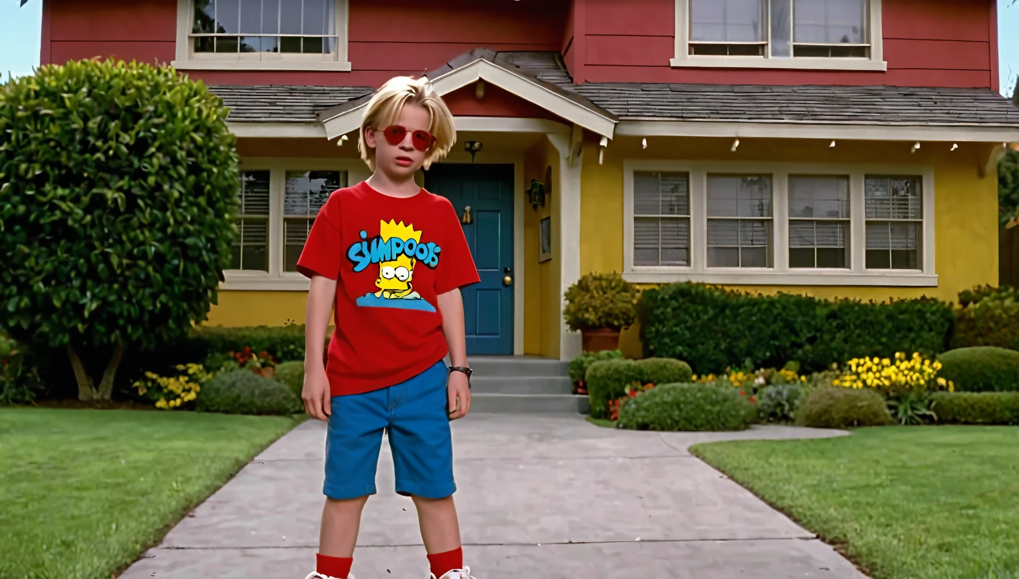 Macaulay Culkin () is Bart Simpson in live action from the film The Simpsons, in the 80s, he has blond hair spiked up and wears a red t-shirt and blue shorts and Allstar sneakers, he has a skateboard in his hand in front the Simpsons family house, full body