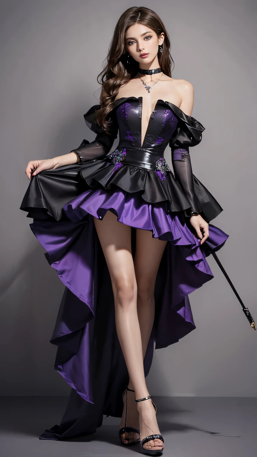highest quality,masterpiece,Ultra-high resolution,(Actual:1.4),Original photo,Ultra-high resolution,8k,There are women,Fair skin,Big wave diamond purple and cool black collaboration dress:1.5,High heels,Long legs:1.5,Bright and beautiful,high waist,Flashy makeup using red eyeshadow,