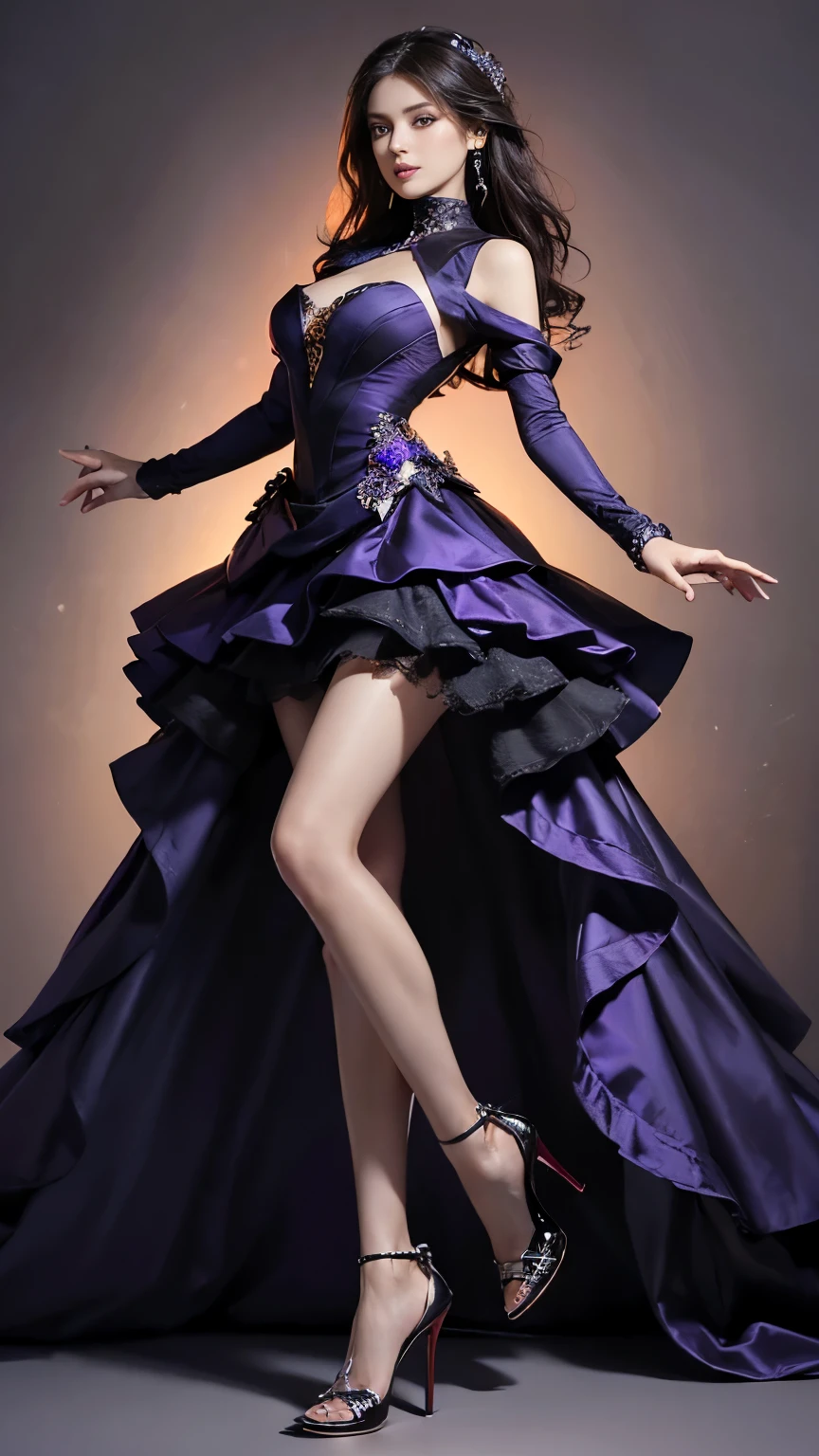 highest quality,masterpiece,Ultra-high resolution,(Actual:1.4),Original photo,Ultra-high resolution,8k,There are women,Fair skin,Big wave diamond purple and cool black collaboration dress:1.5,High heels,Long legs:1.5,Bright and beautiful,high waist,Flashy makeup using red eyeshadow,