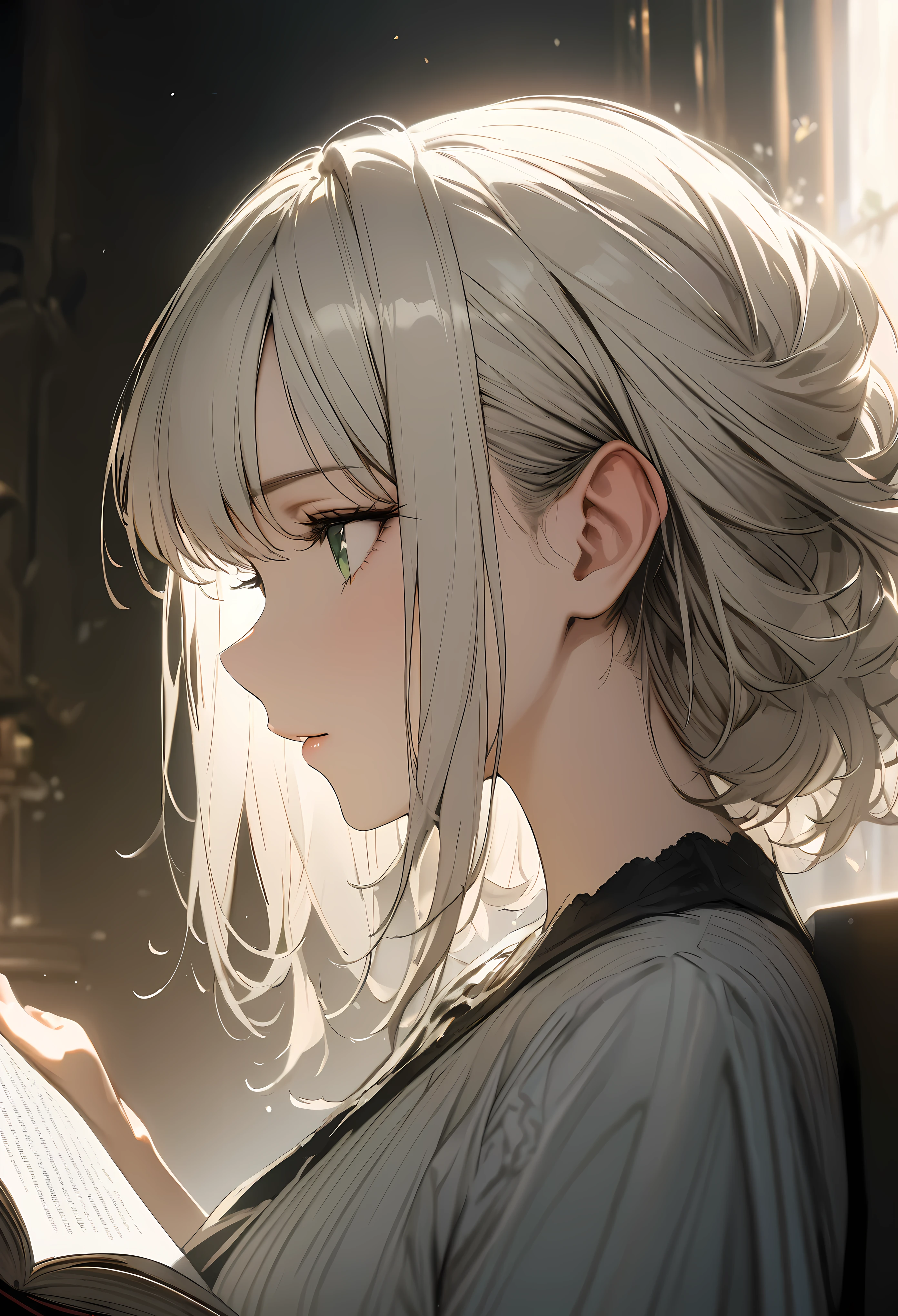 best quality, super fine, 16k, incredibly absurdres, extremely detailed, 2.5D, delicate and dynamic, profile of beautiful woman reading book, hair tucked behind ears, ivory hair, green eyes, portrait