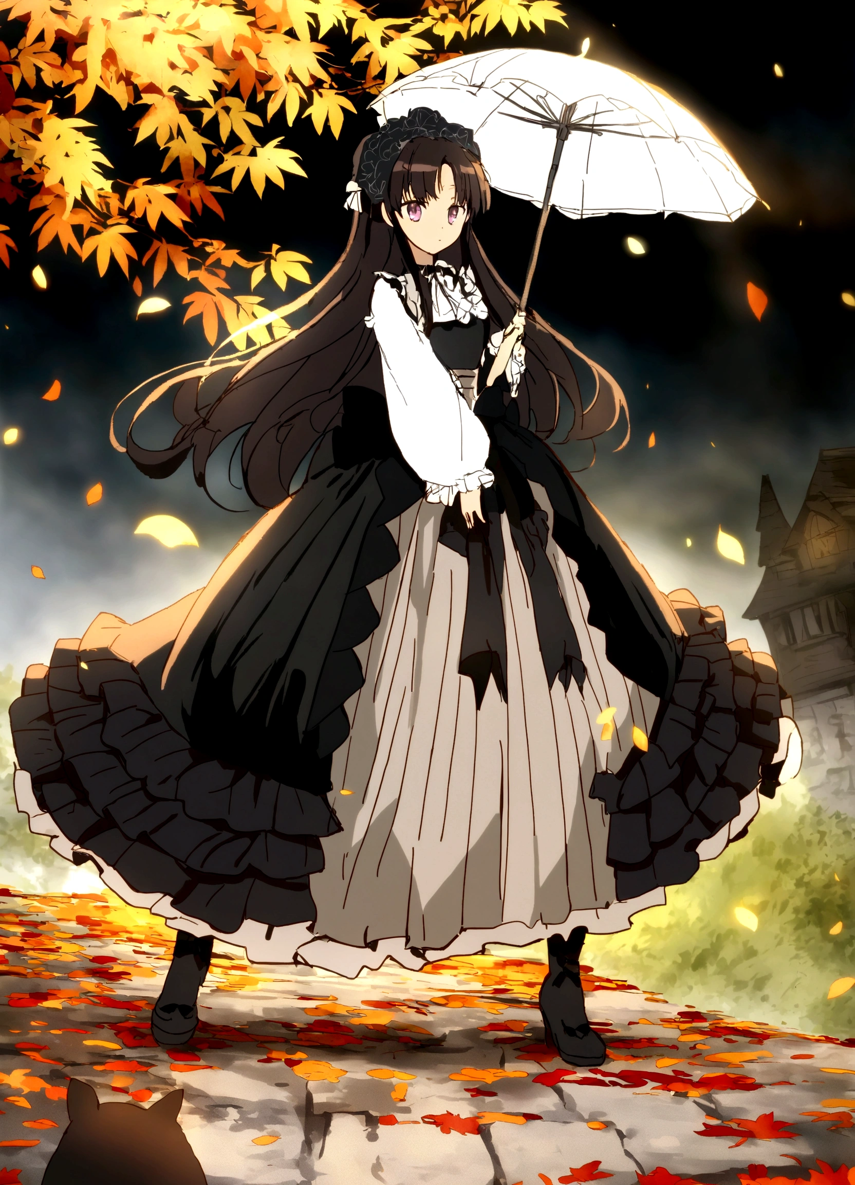 (Super meticulous),(full bodyesbian:1.2), 1girl, araffe dressed in a victorian dress and hat holding an umbrella, dressed with long fluent clothes, victorian gothic ta fashion, lolityle, lovely dark autumn princess, victorian style costume, japanese clothes, victorian inspired clothing, anime girl wearing a black dress, victorian dress, anime girl cosplay, style anime, black gothic lolita d, gothic maiden anime girl, romantic dress, ,(Beautiful and delicate eyes)