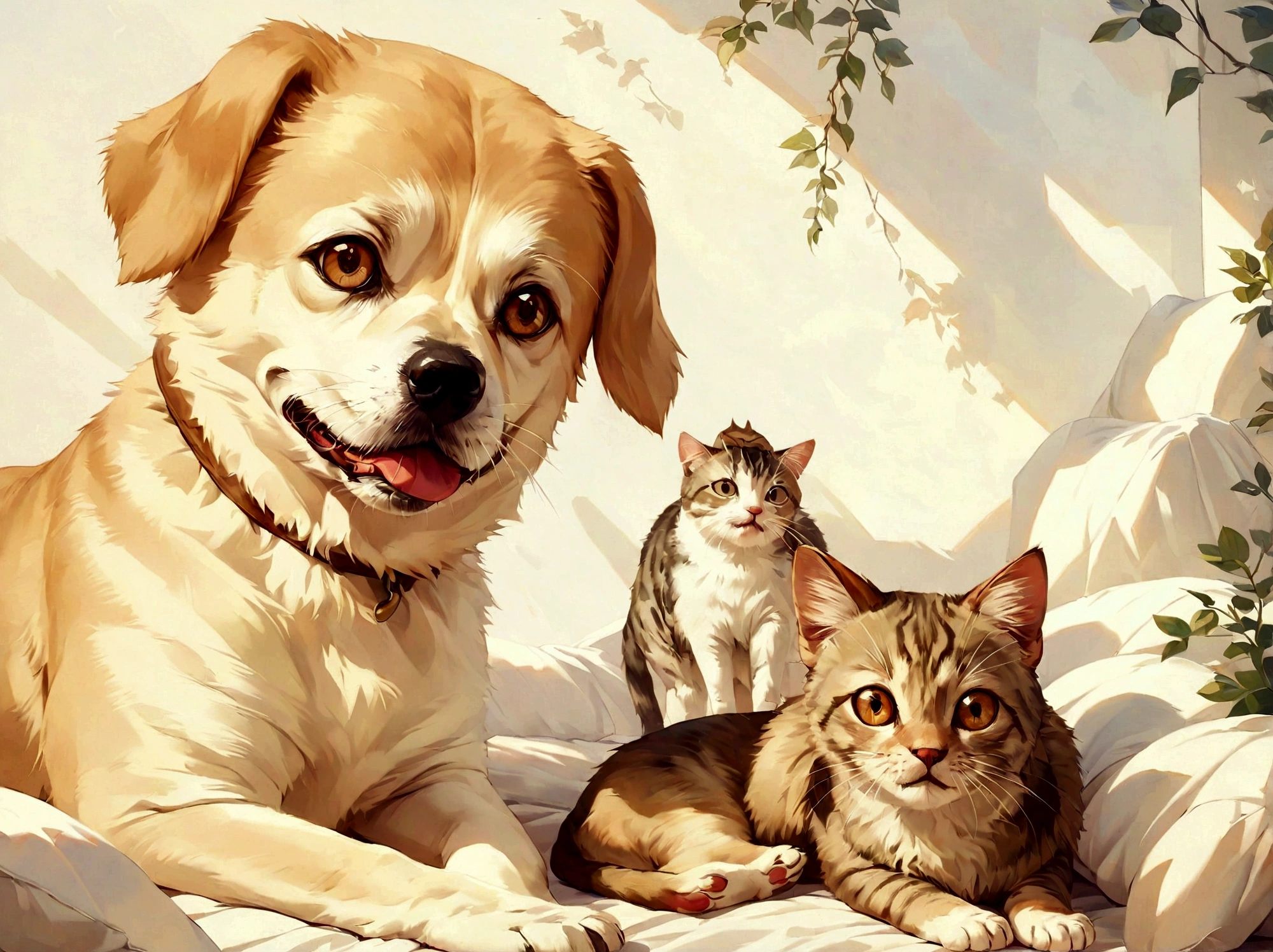 "A realistic painting of a dog and a cat in the exact same positions as in the provided photo. The dog is on the left, facing forward with a slightly tilted head, light brown fur, and a happy expression. The cat is on the right, laying down, with dark tabby fur and large eyes, also facing forward. The background should be a plain wall, just like in the photo. The overall composition and details should closely match the original photo."