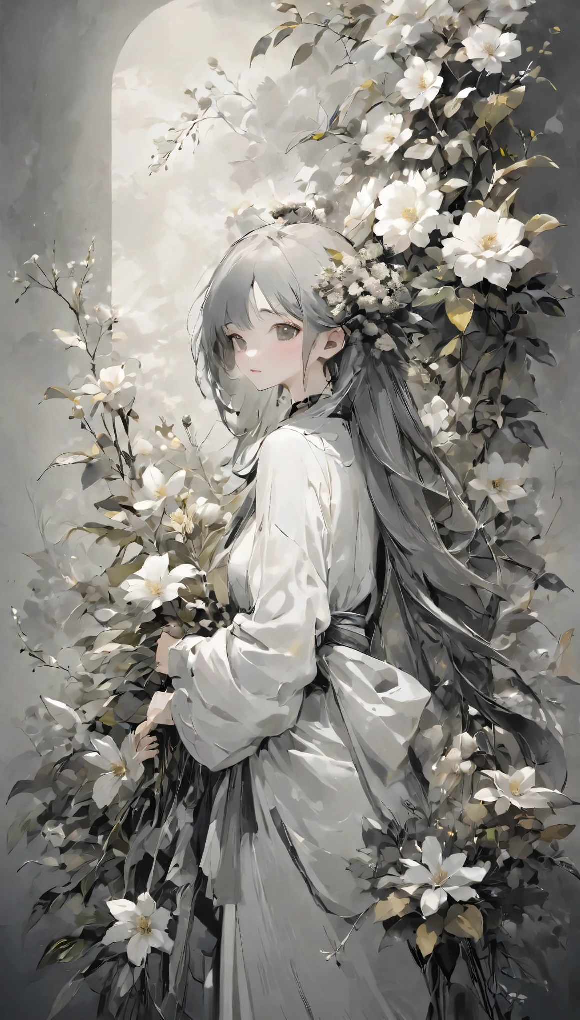 Beautiful woman、flower arrangement、Wabi-sabi art、White、grey、Black tones、parchment、抽象的flower arrangement、Three big flowers、surreal art、Silence、wallpaper、highest quality、Masterpiece、High resolution、8k