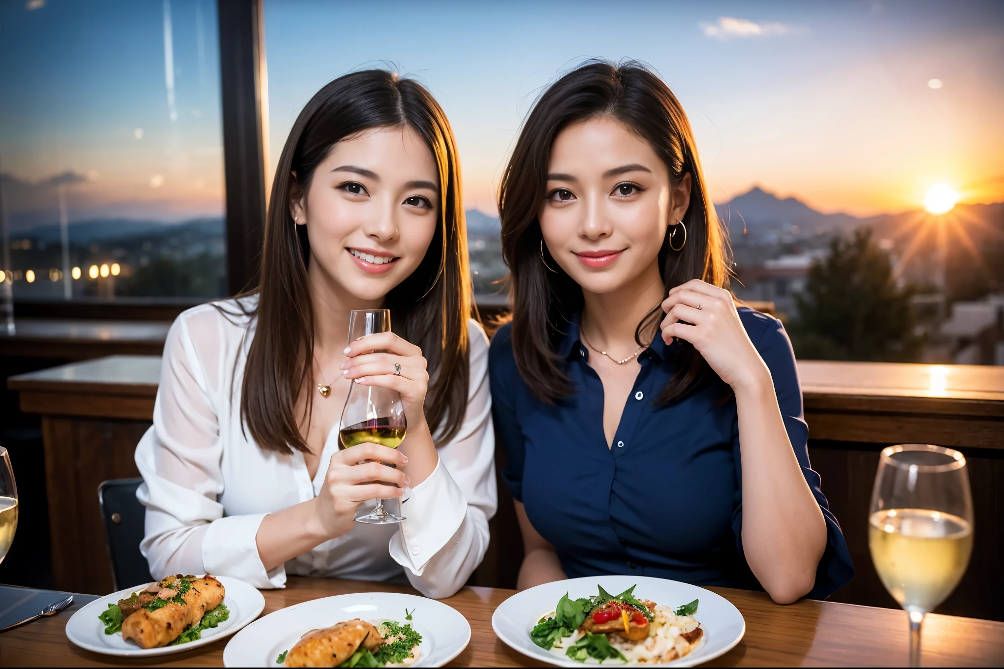 ((highest quality、8k、masterpiece:1.3))、1 male 1 female、Lovers、beautiful couple、Happy Smile、 (Slim face), (The body is ス??), (Brown Hair), (Shortcuts), ((Bob Hale、Straight hair:1.2)), Wine glass on the table、Please put light on my face、 Amazing view of the sunset sky and clouds、Amazing mountain views、The wonderfulness of smiles、Bright image、Blushing, Shortcuts,Bright Face、 (42 years old), 39 years old, red wine 、Appetizers、Italian food、Wine bottle、Champagne、sparkling wine、Long sleeve shirt、dress、Attractive beauty、restaurant, Nova Frog Style, actress, model, Upper Body, White wine, red wine, wine glass,