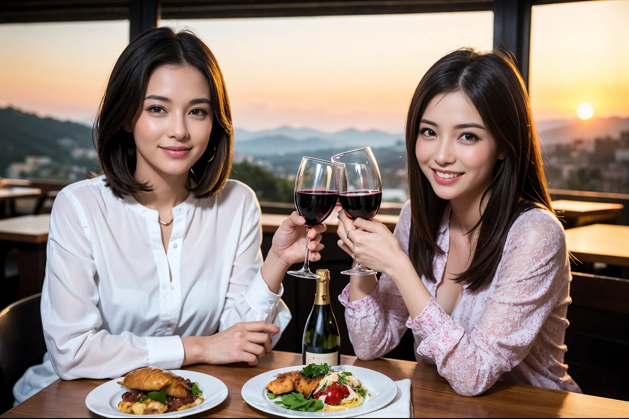 ((highest quality、8k、masterpiece:1.3))、1 male 1 female、Lovers、beautiful couple、Happy Smile、 (Slim face), (The body is スリム), (Brown Hair), (Shortcuts), ((Bob Hale、Straight hair:1.2)), Wine glass on the table、Please put light on my face、 Amazing view of the sunset sky and clouds、Amazing mountain views、The wonderfulness of smiles、Bright image、Blushing, Shortcuts,Bright Face、 (42 years old), 39 years old, red wine 、Appetizers、Italian food、Wine bottle、Champagne、sparkling wine、Long sleeve shirt、dress、Attractive beauty、restaurant, Nova Frog Style, actress, model, Upper Body, White wine, red wine, wine glass, 